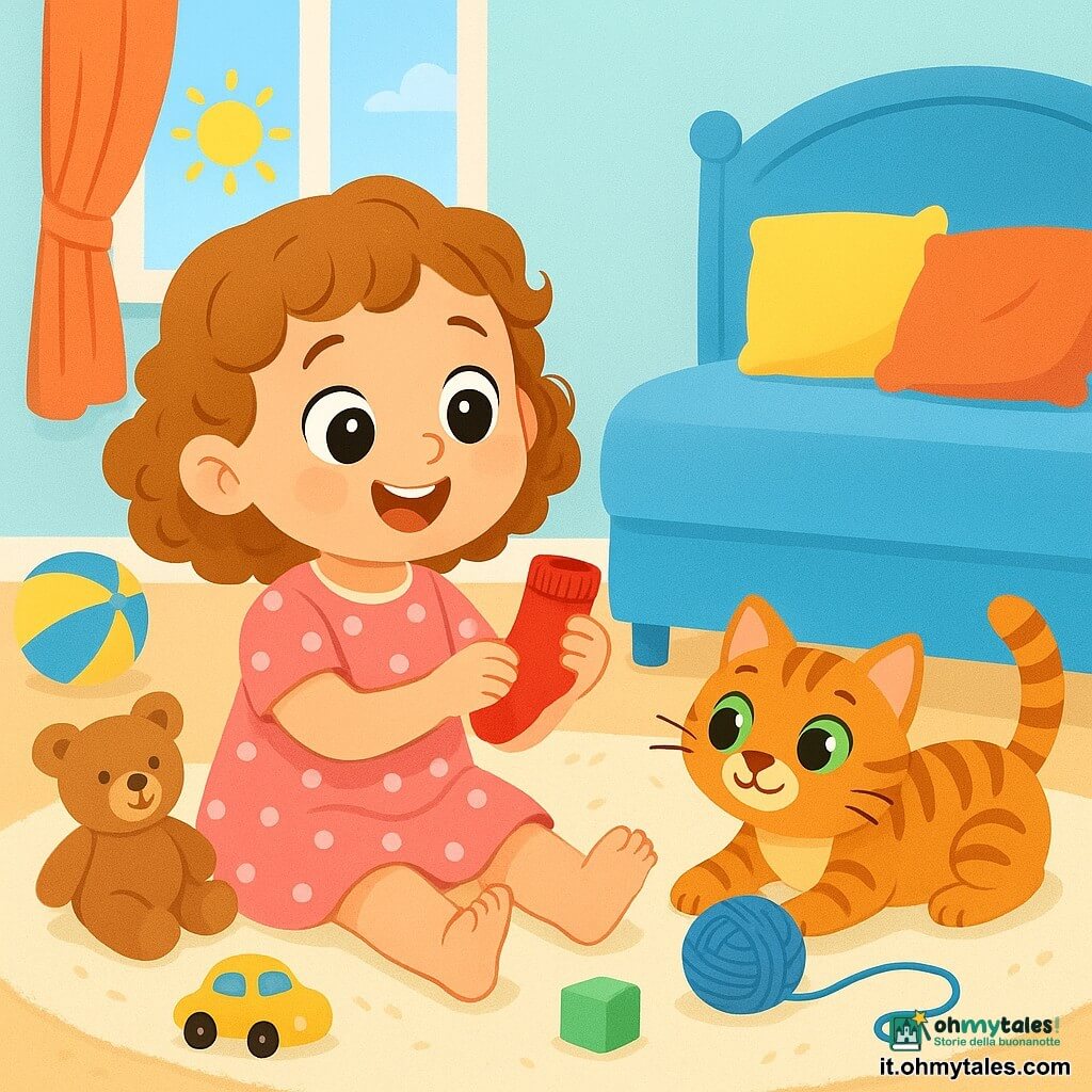 Una bambina di 2 anni, con grandi occhi brillanti e capelli ricci, è seduta per terra, sorridente e curiosa. Indossa un vestito rosa a pois e tiene in mano un piccolo calzino rosso, con un'espressione di gioia ed eccitazione sul volto. Accanto a lei, un gatto tigrato, Micio, con occhi verdi scintillanti, è sdraiato su un tappeto soffice, mentre gioca con un gomitolo di lana. Guarda la bambina con un'aria birichina. La scena si svolge in una stanza luminosa, con pareti dipinte di blu pastello, giocattoli sparsi sul pavimento e un grande letto con cuscini colorati. Una finestra lascia entrare la luce del sole, illuminando la stanza con un dolce calore. La bambina e Micio sono in piena indagine, cercando il calzino rosso scomparso, circondati da giocattoli e peluche, creando un'atmosfera gioiosa e ludica.
