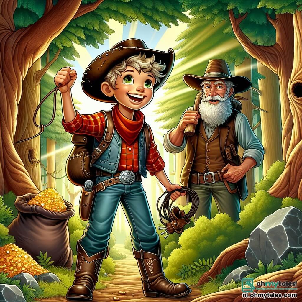 Een jonge cowboy, Jake, 11 jaar oud, staat in het midden van de afbeelding met een grote glimlach op zijn gezicht. Hij draagt een versleten cowboyhoed, een rood geruit shirt en een leren vest, evenals denim broek. Zijn ogen stralen van opwinding en avontuur terwijl hij een schatkaart in de ene hand en een lasso in de andere vasthoudt, klaar om op zoek te gaan naar goud. Naast hem staat een oude mijnwerker van ongeveer 60 jaar met een lange witte baard en een strohoed, die Jake bewonderend aankijkt. Hij houdt een houweel in de ene hand en een klein leren zakje vol goudklompjes in de andere hand, iets op de achtergrond als een mentor. Op de achtergrond strekt zich een dichte en mysterieuze bos uit, met majestueuze bomen en levendige groene bladeren. Stralen zonlicht doorbreken het loof en verlichten het pad dat Jake gaat volgen. De scène toont Jake, vol moed en enthousiasme, klaar om het bos in te gaan op zoek naar de legendarische goudmijn, terwijl de mijnwerker hem aanmoedigt, wat de overdracht van de avontuurlijke geest van de ene generatie op de andere symboliseert.