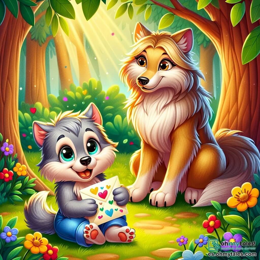 Un pequeño lobo llamado Lupi, con un suave pelaje gris y ojos chispeantes de alegría, está sentado bajo un gran árbol, sosteniendo una carta colorida en sus patas delanteras. Tiene una gran sonrisa en su rostro, llena de emoción y amor. A su lado, su mamá, una hermosa loba de pelaje marrón dorado, mira la carta con ojos brillantes de emoción, con una sonrisa tierna en sus labios. Ella está sentada sobre la hierba verde, rodeada de flores coloridas. El lugar es un encantador rincón del bosque, bañado por la luz del sol que filtra a través de las hojas, creando sombras danzantes en el suelo. Flores de colores vivos, como rojas, amarillas y violetas, salpican el suelo, añadiendo un toque de magia a la escena. La situación principal muestra a Lupi ofreciendo su carta a su mamá, celebrando el Día de la Madre con amor y ternura, en un ambiente alegre y cálido.