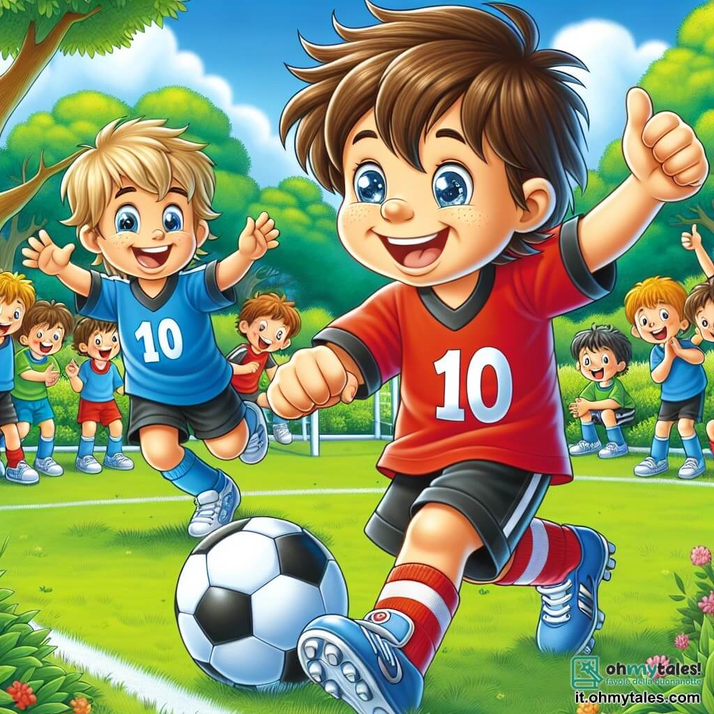 Un ragazzo di 10 anni di nome Marco, con capelli castani arruffati e occhi scintillanti di gioia, sta dribblando un pallone da calcio su un campo verde. Indossa una maglietta rossa con il numero 10, pantaloni neri e scarpe bianche, mostrando un grande sorriso di eccitazione. Accanto a lui, Luca, un ragazzo di 11 anni con capelli biondi e occhi blu, lo incoraggia con un pollice in su. Indossa una maglietta blu e pantaloni abbinati, pronto a ricevere il passaggio di Marco. Sullo sfondo, un gruppo di bambini di circa 10 anni si riunisce attorno a un grande albero, ridendo e applaudendo, creando un'atmosfera gioiosa e amichevole. Il luogo è un parco soleggiato, con alberi verdi, fiori colorati e un cielo blu, dove l'erba è ben curata e il campo da calcio è delimitato da linee bianche. La scena principale mostra Marco in azione, dribblando il pallone con agilità, pronto a segnare, mentre i suoi amici lo incoraggiano, illustrando lo spirito di squadra e la camaraderia in questo momento di gioco.