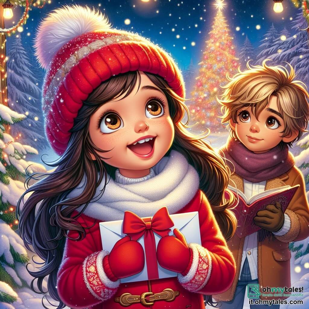 Una bambina di 7 anni, Sofia, con lunghi capelli castani e occhi brillanti di curiosità, si trova al centro dell'immagine, sorridente e piena di entusiasmo. Indossa un bel cappotto rosso vivo, un berretto di lana e guanti abbinati, tenendo una lettera avvolta in un nastro rosso. Accanto a lei, un ragazzino di 8 anni, Luca, con capelli biondi disordinati e un volto dolce, guarda Sofia con occhi meravigliati, tenendo un libro di fiabe tra le mani. Sullo sfondo, una foresta incantata è coperta da un spesso manto di neve scintillante, con alberi maestosi decorati con festoni luminosi e un grande albero di Natale illuminato che brilla in lontananza. La scena rappresenta Sofia e Luca che scoprono insieme la magia del Natale, circondati da un'atmosfera calorosa e festosa, con fiocchi di neve che cadono dolcemente dal cielo.
