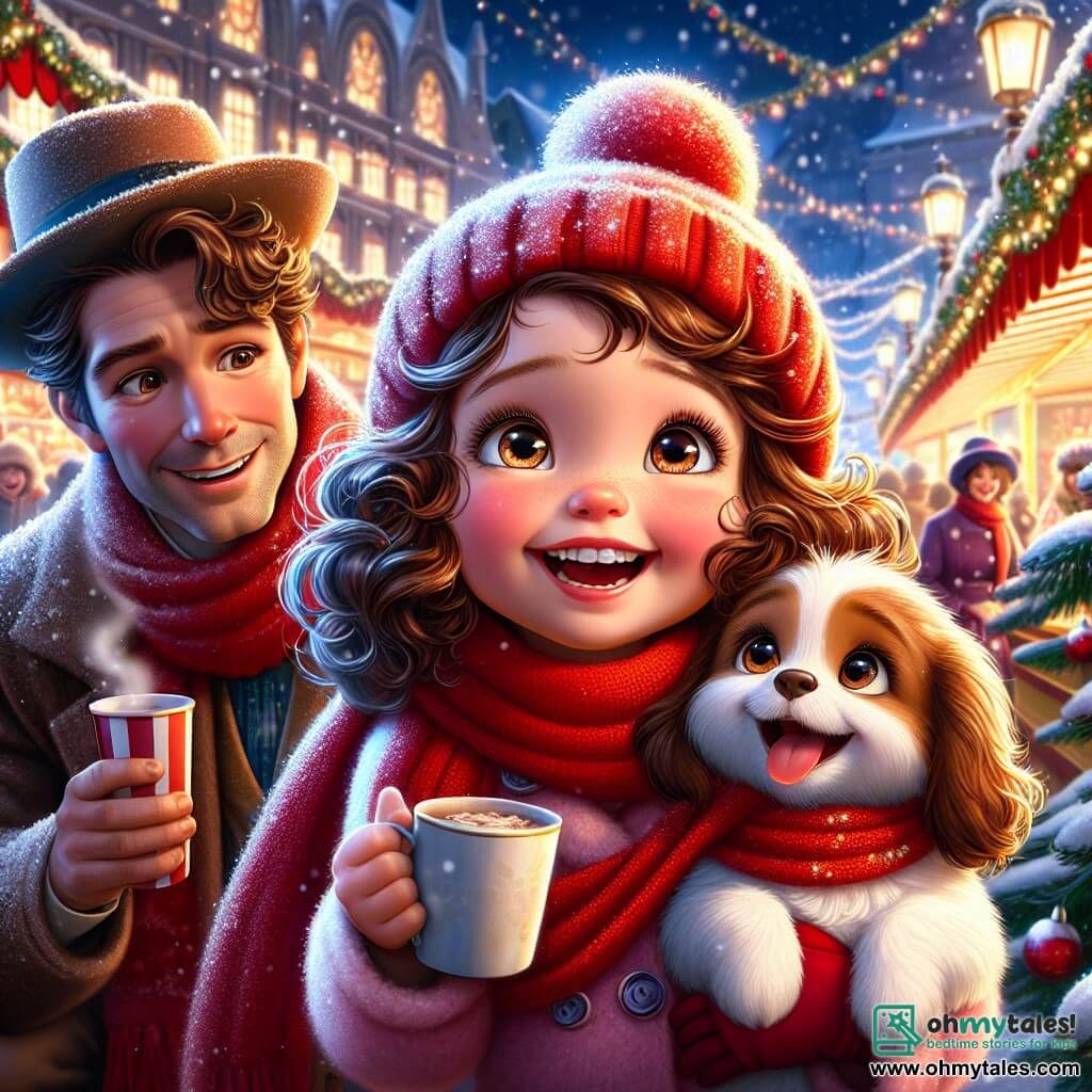 A 5-year-old girl named Lily, with shiny brown curls and a big smile, wears a red scarf that dances around her neck. She has sparkling eyes filled with excitement and looks around in wonder, holding a small brown and white puppy named Snowy in her arms, who wags his tail joyfully. Next to her is a man in a funny hat, her father, about 30 years old, with a soft beard and round glasses, smiling at his daughter while holding a steaming cup of hot chocolate. Her mother, a woman around 28 with curly hair and a scarf matching Lily's, stands a bit further away with a worried look on her face, searching for her daughter in the crowd. The scene takes place in a magical Christmas market, filled with twinkling lights, colorful stalls selling treats, and large trees decorated with sparkling garlands. Snowflakes gently fall from the sky, adding a magical touch to the atmosphere. Lost in the crowd, Lily stands in the middle of the market, surrounded by children's laughter and the smell of hot chocolate, desperately searching for her parents, but her heart lights up with joy when she meets Snowy, the little puppy, who becomes her new friend.