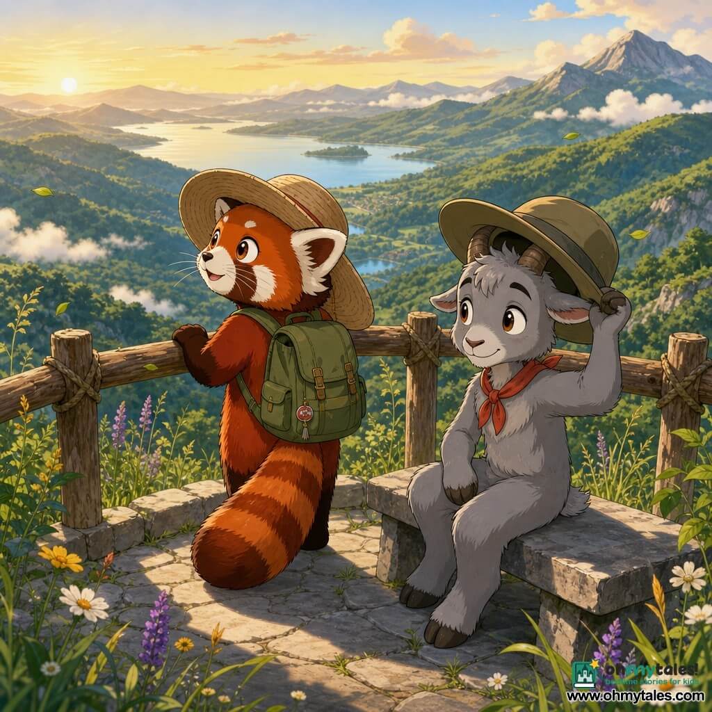 Main character Lina, a small anthropomorphic red panda with bright eyes and fine whiskers, wearing a wide beige straw hat and a green backpack, rests a paw on a worn wooden railing and gazes at the horizon; secondary character Milo, a young anthropomorphic ibex with short horns and soft gray fur, sits beside her on a stone bench holding an oversized hat, both bathed in golden morning light with a gentle breeze, on a light stone lookout with wildflowers and tall grass, overlooking three green valleys, a distant shimmering lake and low pale clouds, calm luminous atmosphere suggesting wonder after a small resolved quarrel, composition centered on Lina and Milo in the foreground with the vast landscape behind.