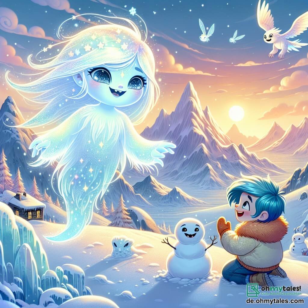 Auf dem Gipfel des Glimmertop-Berges schwebt ein Geist namens Lumi anmutig, mit einem warmen Lächeln und funkelnden Augen vor Freude. Sie hat ein durchscheinendes Aussehen, übersät mit kleinen Sternen, und ihre langen Haare wehen wie Lichtfäden. Lumi streckt die Hand zu einem kleinen Eiswesen, Flix, einem Jungen mit leuchtend blauen Haaren und rosigen Wangen, der lachend einen Schneemann baut. In der Nähe beobachtet ein großer Eisdrachen mit schimmernden Schuppen und leuchtenden Augen die Szene mit einem staunenden Lächeln. Er sitzt auf einem schneebedeckten Felsen, seine großen Flügel angelegt, während er die Freundschaft zwischen Lumi und Flix bewundert. Die Kulisse ist bezaubernd: majestätische Berge mit schneebedeckten Gipfeln erheben sich im Hintergrund, während sanfte Schneeflocken um sie herum fallen und eine magische Atmosphäre schaffen. Der Himmel ist in Pastellfarben getönt, mit einer untergehenden Sonne, die die Szene in goldenem Licht erstrahlen lässt. In dieser Illustration teilen Lumi und Flix einen Moment des Glücks, umgeben von der Schönheit der winterlichen Landschaft, die die Freundschaft und Magie symbolisiert, die fantastische Kreaturen vereint.