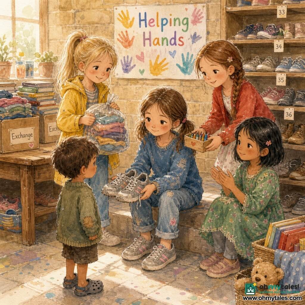 Four 8-year-old girls in a warm community center: Maya, brown pigtails and freckled, sits center on a step holding a pair of worn gray sneakers with pink stripes she has just tried on and placed on the exchange shelf; Zoe, blond ponytail in a bright yellow jacket, stands left smiling with a bag of clothes to donate; Lina, short black hair in a green floral dress, sits right, quietly clapping; Ava, braided brown hair and pale skin, stands slightly behind to the right offering a small box of crayons. Beige brick walls, a large wooden table stacked with books and boxes labeled "Exchange," a shelf of shoes, a "Helping Hands" poster, and a light-stained tiled floor set the scene as a shy boy in torn sandals watches hopefully; warm late-afternoon light, calm kind expressions, visible details like laces, worn stitching, size tag, and outstretched small hands convey a gentle, supportive atmosphere.