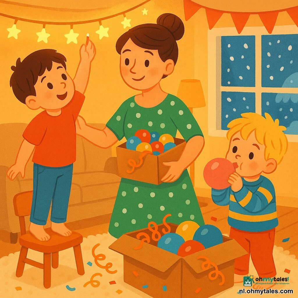Drie personages: een jongen van ~7 met kort bruin haar en rood T‑shirt op een stoel links die een glinsterende slinger aan het plafond hangt; een jongen van ~5 met blond warrig haar en blauw‑gele trui rechts bij een open doos met ballonnen die in een roze ballon blaast; en de moeder (~35) met kastanjebruin haar in een knot en groene jurk met witte stippen in het midden die de doos vasthoudt en de oudere jongen steun geeft met een warme glimlach. Gezellige woonkamer met grote beige bank, crèmekleurig vloerkleed, besneeuwd raam, warme lampen en open doos vol kleurrijke ballonnen, slingers en confetti; vrolijke oudejaarsvoorbereidingen, felle kleuren en feestelijke sfeer, focus op het ophangen van de slinger en het opblazen van de ballon.