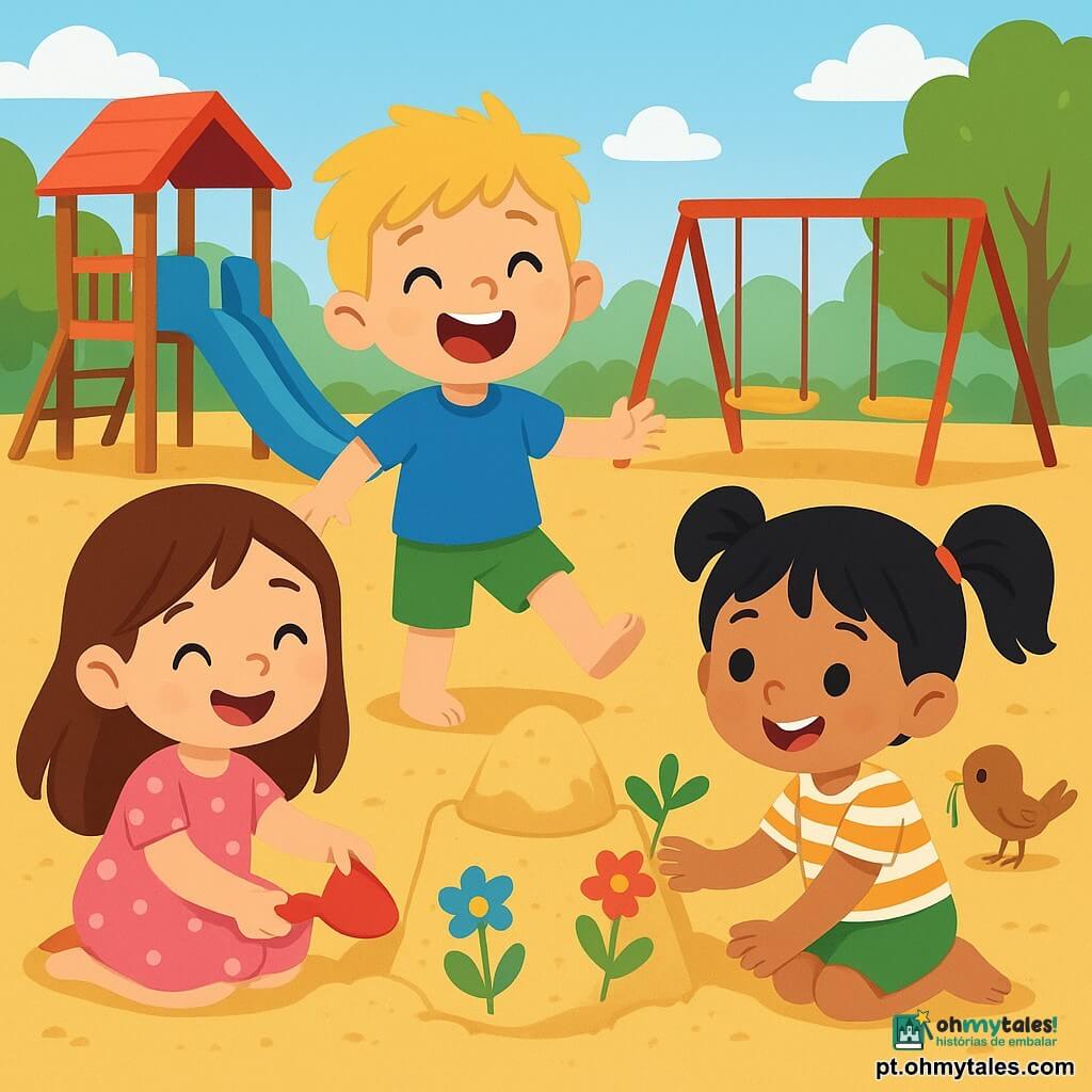 Há 3 personagens: - Maria: uma menina de 4 anos com cabelos longos e castanhos, vestindo um vestido rosa com bolinhas brancas. Ela está sentada no chão, sorrindo, misturando areia com uma pequena pá. - Lucas: um menino de 4 anos com cabelos loiros bagunçados, usando uma camiseta azul e um short verde. Ele está em pé, empurrando areia com os pés, rindo muito. - Inês: uma menina de 4 anos com cabelos negros em tranças, vestindo uma saia amarela e uma camiseta listrada. Ela está de joelhos, decorando o "Bolo Impossível" com folhas e flores coloridas. O cenário é um parquinho ensolarado, cheio de brinquedos de madeira coloridos, balanços e escorregadores. O chão é coberto de areia dourada, e árvores verdes cercam o espaço, criando uma atmosfera alegre e animada. A cena principal mostra os três amigos tentando construir um grande bolo de areia, rindo e se divertindo juntos, enquanto um pequeno pássaro curioso os observa, trazendo gravetos para ajudá-los no desafio.