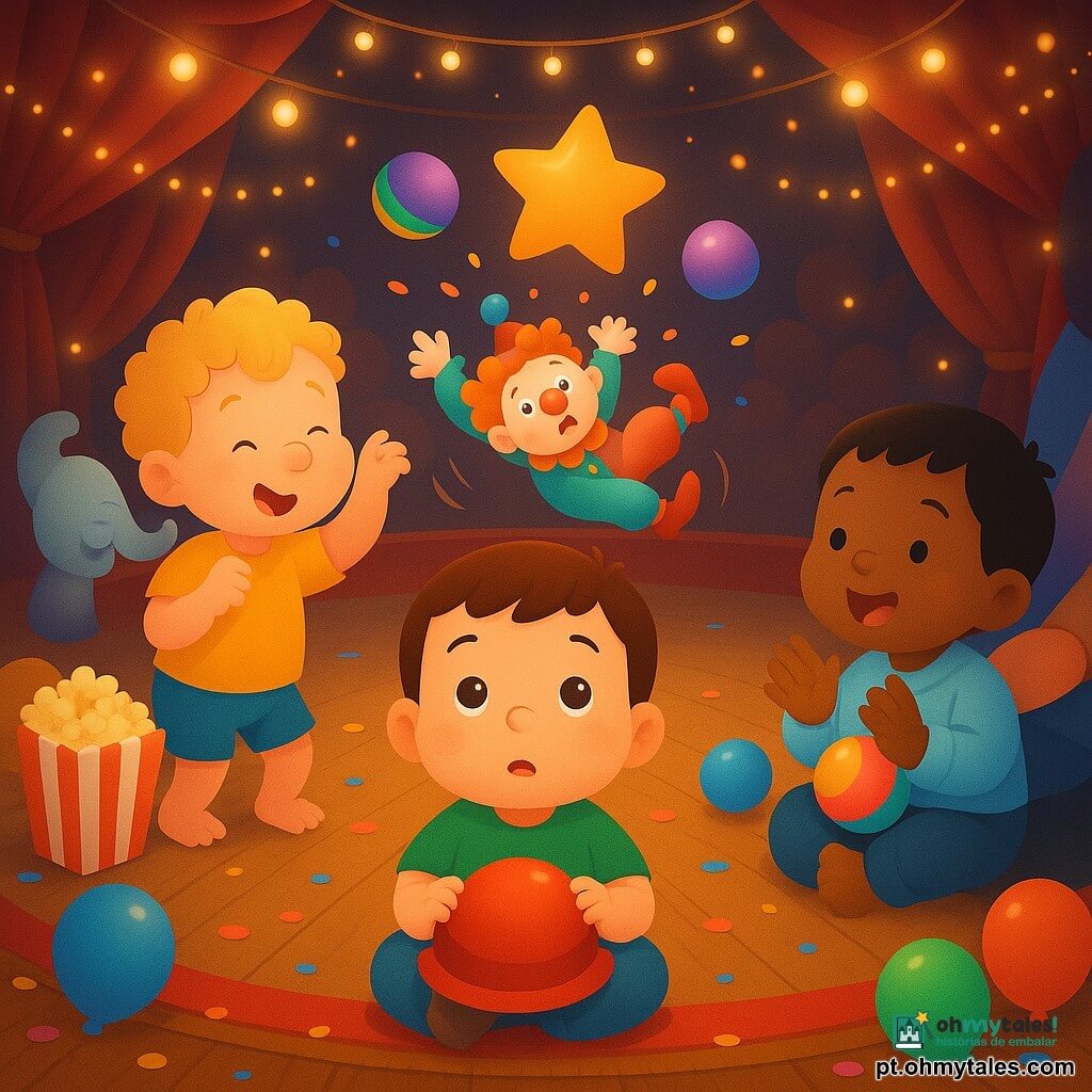 Há três personagens: Tom, menino de 2 anos, cabelos castanhos curtos, rosto redondo, sentado à frente, segurando um boné vermelho brilhante e olhando o picadeiro com admiração; Leo, menino de 2 anos, cabelos loiros encaracolados, sorriso largo, à esquerda de Tom, em ponta dos pés imitando um elefante e fazendo trom; Rui, menino de 2 anos, cabelos pretos lisos, bochechas rosadas, à direita de Tom, sentado no colo de um adulto fora de cena, aplaudindo e segurando uma pequena bola colorida. Local: grande tenda de circo, chão de madeira envernizada, pista circular vermelha com franja dourada, cortinas de veludo bordô abertas, confetes e balões no chão, luzes quentes e guirlandas brilhantes. Situação: os três observam um pequeno palhaço que cai fazendo uma careta engraçada no centro do picadeiro; bolas coloridas e uma grande estrela flutuante pairam acima; atmosfera doce, alegre e segura, cores saturadas e formas arredondadas.