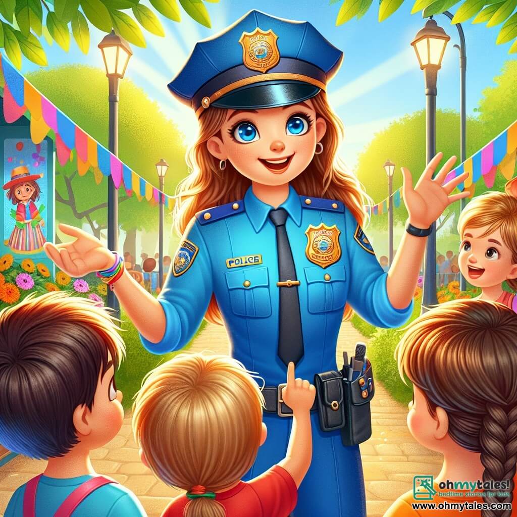 A smiling police officer, Officer Harper, stands at the center of the scene, wearing a bright blue uniform and a police hat. Her eyes sparkle with excitement and determination as she explains something to the children around her. To her right, a boy named Lucas, about 8 years old with messy brown hair and a red t-shirt, eagerly raises his hand, curious to learn more about the officer's work. To the left, a girl named Zoe, 9 years old with long braided blonde hair, listens attentively, her eyes wide open, ready to participate in the investigation. The setting is a sunny park with lush green trees, colorful banners fluttering in the wind, and festive stands decorated with balloons. The main situation shows Officer Harper gathering the children to solve a mystery: parade decorations have gone missing, and she invites them to become little detectives to help her find them.