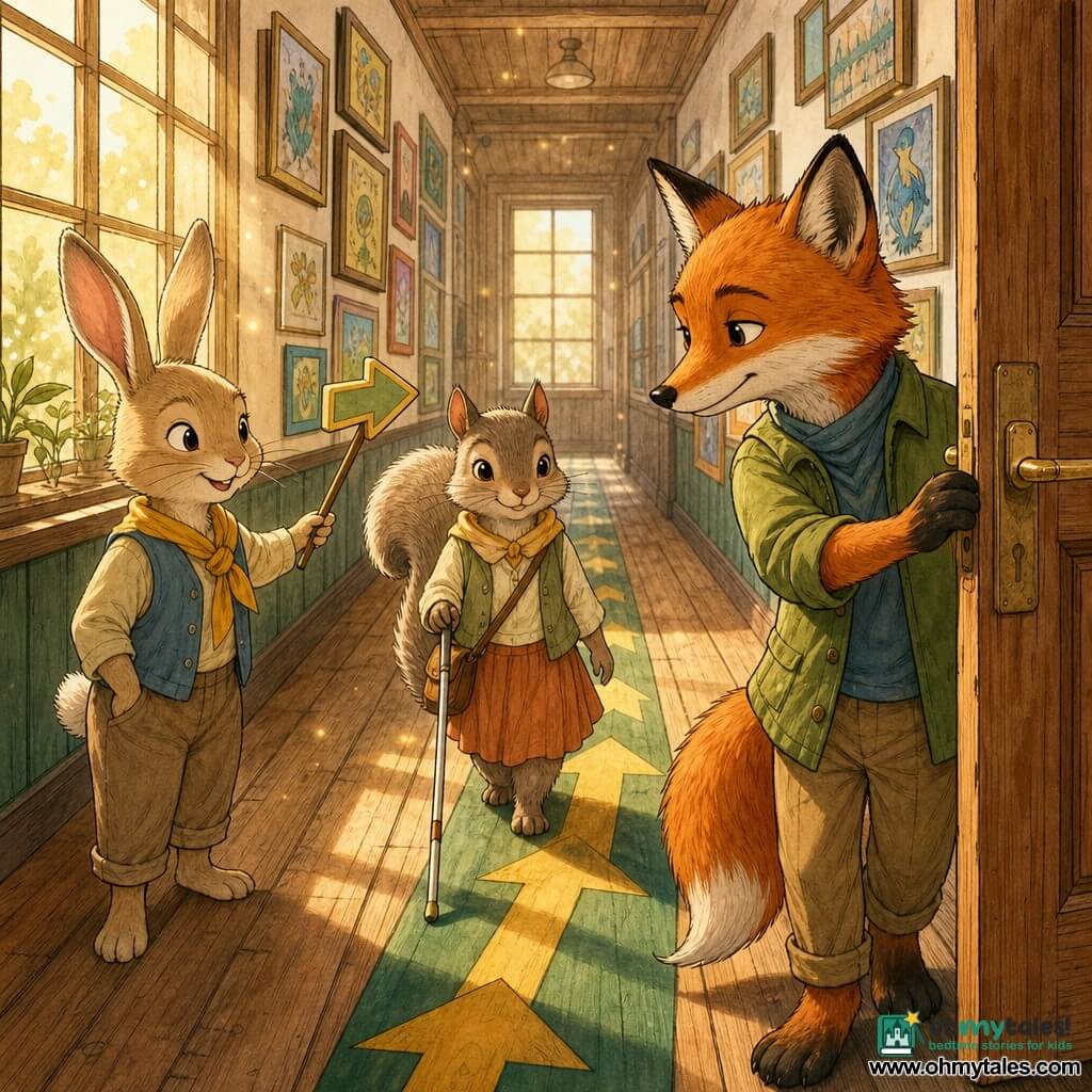 Fern the fox, main character, stands in the foreground with a gentle, focused face, shiny red fur and attentive eyes, holding a wooden door open with one paw and breathing calmly; Lark the squirrel, primary secondary character, walks down the center of the narrow school corridor—small, silky gray-brown fur, leaning on a thin white cane, serene and proud—following painted green and yellow one-way arrows on the wooden plank floor; Juniper the rabbit, small secondary character at left, beige with upright ears and a mischievous smile, points an arrow on the floor with a small wooden baton like a traffic officer; walls lined with framed colorful drawings, soft window light casting fine golden dust, warm orderly atmosphere; overall scene shows cooperation, respect and calm, visual style: clean ink lines, pastel watercolor flats, detailed wood and fur textures, composition focused on forward movement and mutual aid.