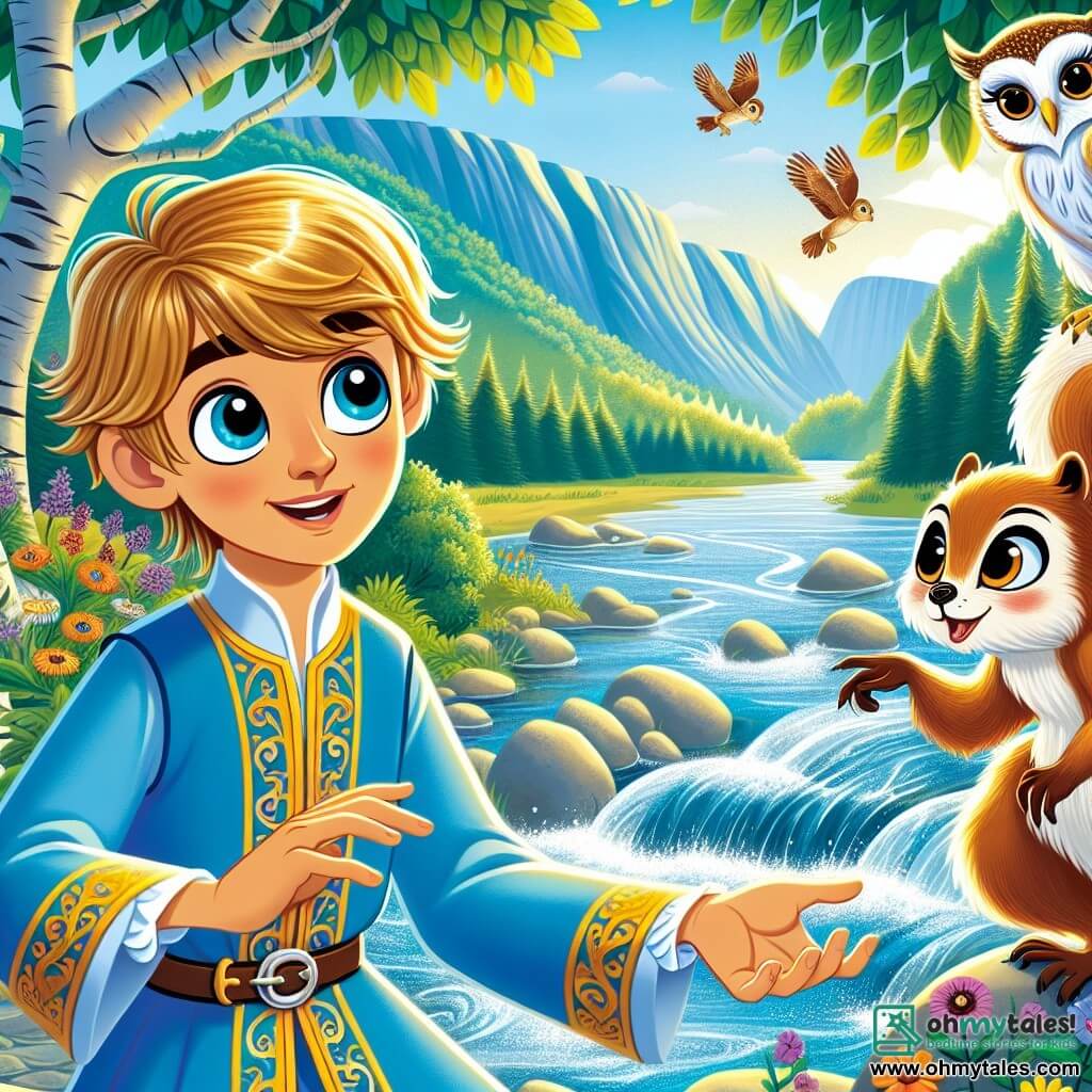 Prince Leo, a young boy of about 10 years old, has golden hair that shines in the sun and sparkling eyes full of curiosity. He smiles determinedly, dressed in a blue tunic adorned with golden patterns, reaching out towards the raging river, ready to calm its tumultuous waters. Beside him, Nibbles, a small squirrel with bright eyes and brown fur, climbs onto the prince's shoulder, looking at the river with concern, his little tail twitching with excitement. In the background, Bella, a wise owl with white feathers and large round eyes, perches on a tree branch, attentively observing the scene, seemingly ready to offer advice with her wings slightly spread. The setting is a beautiful valley where the shimmering river winds between lush hills, colorful flowers lining the banks, and tall trees with shimmering leaves creating a magical and peaceful atmosphere. The main situation shows Prince Leo, Nibbles, and Bella united against the agitated river, seeking to calm the waters while preparing to confront the wicked witch hiding in her dark cave nearby.