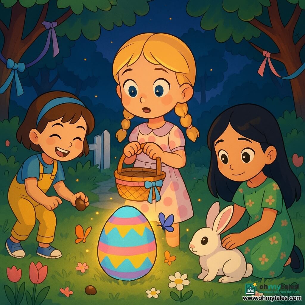 Three girls in a secret twilight garden: center an ~8-year-old blonde with braided hair in a pastel pink-dot dress holding a ribboned wicker basket, gazing in wonder at a large multicolored Easter egg; left a ~7-year-old brunette with short hair and blue headband in yellow overalls picking up a small chocolate egg, smiling; right an ~8-year-old with long black hair in a green floral dress gently stroking a white rabbit, protective posture. Green lawn dotted with tulips and daisies, trees with pastel ribbons, a partly open white wooden fence and a stone-paved path leading to a luminous clearing. Main scene: the three children form a semicircle around a stained-glass–like glowing Easter egg with colorful butterflies and floating golden lights, joyful magical atmosphere.