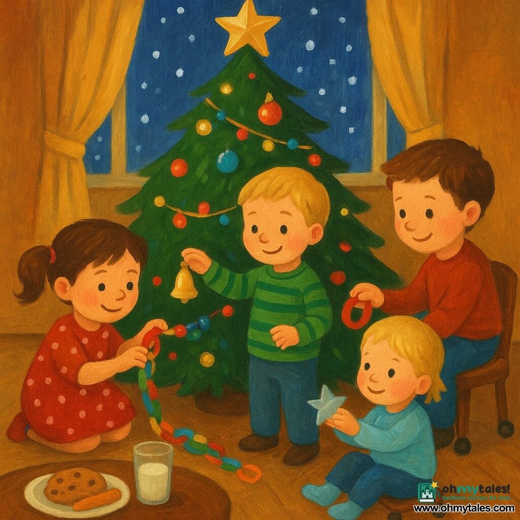 Four children decorate a Christmas tree in a cozy living room at night: Mia, 4, brown hair in pigtails wearing a red polka-dot dress, crouches left of the tree assembling a paper garland and smiling as she presses a paper ring; Leo, 4, short blond hair in a green striped sweater, stands front-right of the tree ringing a small golden bell and smiling at the garland; Sam, nearly 4, brown hair in blue pants, sits on a small rolling chair at right, gently pushing it with his foot and handing a roll of tape to Mia; Ava, 2, fine blond hair in a light blue sweater, sits on or just in front of their father's knees holding a small silver star and looking at the branch where she'll hang it, amazed, with bell-toed socks. The dark green tree is decorated with red and gold baubles and softly blinking multicolored lights; a coffee table nearby holds a plate with a cookie, a carrot and a glass of milk, and snow falls outside the curtained windows, creating a warm, gentle atmosphere as the children finish decorating before bed.