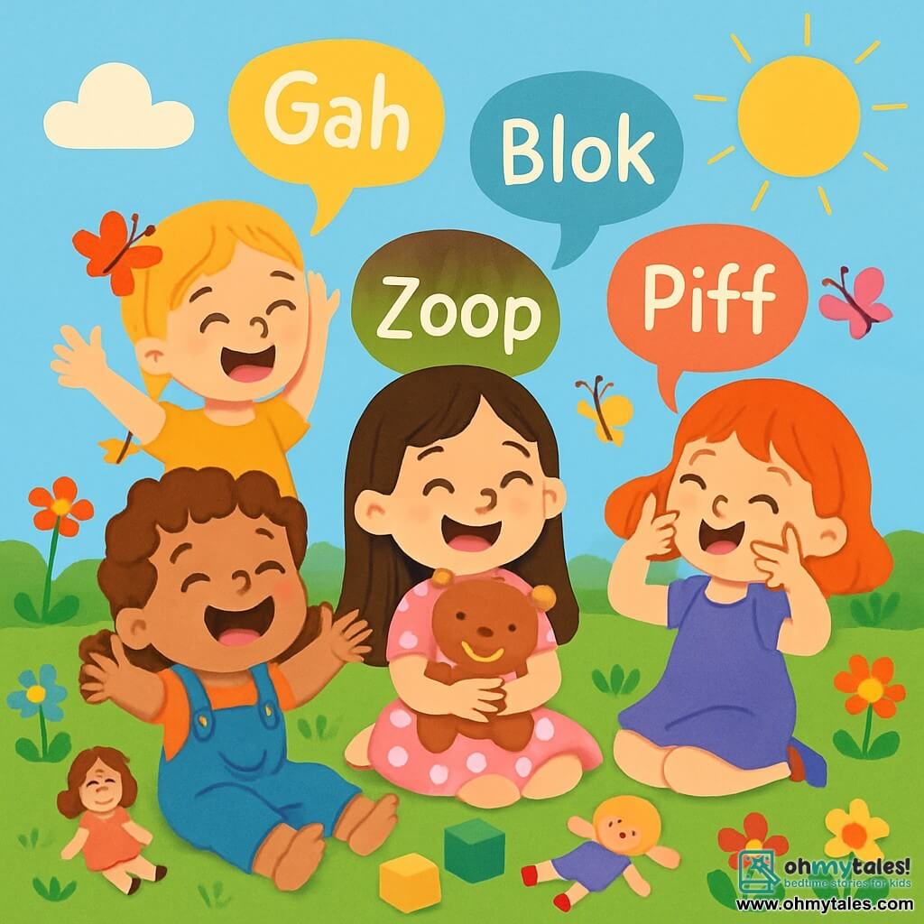 There are four children: - Lily: a 6-year-old girl with long brown hair, wearing a pink dress with white polka dots, sitting in the center, smiling and holding a teddy bear. - Daisy: a 5-year-old girl with braided blonde hair, dressed in a yellow tunic, to the left of Lily, raising her arms and laughing. - Rose: a 4-year-old girl with red hair, wearing a purple dress, to the right of Lily, making a funny gesture with her hands. - Poppy: a 3-year-old girl with curly brown hair, dressed in blue overalls, sitting on the ground in front of the others, laughing out loud. The setting is a sunny garden filled with colorful flowers, with butterflies flying around. There is a large green lawn where the children are sitting in a circle, surrounded by scattered toys like dolls and building blocks. The main scene shows the four sisters having fun creating their own secret language, laughing and exchanging funny words, with colorful speech bubbles floating around them, illustrating their amusing words.