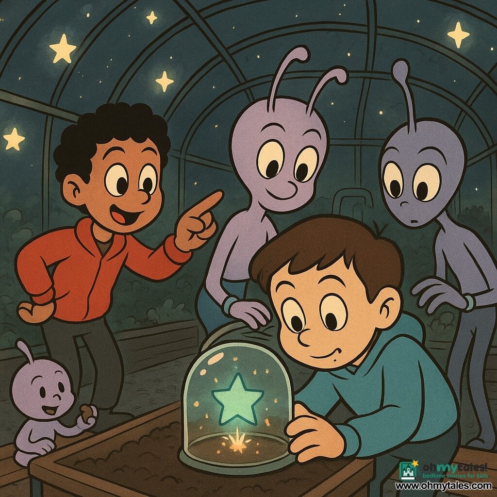 Five characters: Milo, a 12-year-old boy with short brown hair, a chocolate smudge at his mouth, wearing a light blue sweatshirt, holding a clear plastic dome over a small glowing object at the center, leaning forward with a focused gentle face; Jayden, a 12-year-old boy with tanned skin and curly black hair, wearing a red jacket with crumbs on his knees, standing left of Milo with an arm extended to guide the little star, mischievous reassuring expression; Liri, a lavender-skinned alien with two long curved antennae, slim, wearing a small silver bracelet, right of Milo leaning toward a console, attentive kind gaze; Ocho, a lavender-skinned alien with long jointed arms and large bright eyes, behind Jayden pointing toward a row of floating stars with curious interest; Pemm, a smaller alien with short antennae and protective pad-hands, sitting on a bench at the rear left holding a piece of brownie near its mouth, delighted expression. Setting: nighttime glass dome greenhouse with curved reflective walls, dark gravel paths, rectangular soil beds, silver pipes and light panels on the walls, floating mini-stars above the beds, warm humid atmosphere with light mist and blue-green reflections. Main scene: Milo and Jayden gently guide a small unstable turquoise-glowing star with golden sparks captured under a plastic dome on a soil bed while the three aliens watch and help in a calm joyful rescue, expressions of relief, crumbs and empty cups on a nearby bench adding a cozy, convivial feel.