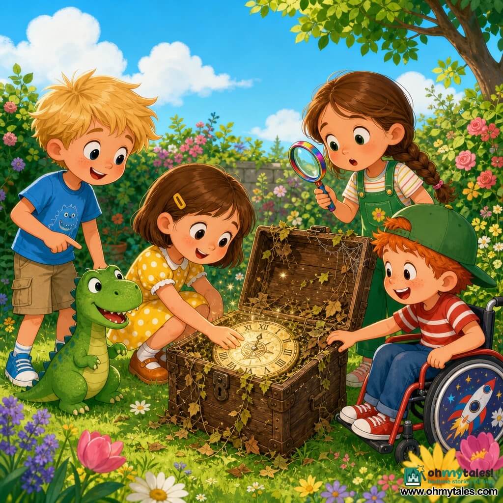 Four children: Mia, ~7, brown bob, yellow polka-dot dress, crouched center with hand on a shiny clock dial; Max, ~6, messy blond hair, blue tee, left, smiling and pointing at a small green dinosaur; Lily, ~7, long braids, green overalls, right, wide-eyed holding a colorful magnifying glass; Ben, ~6, red hair, green cap, in a shiny red wheelchair front right, laughing and touching the box. Scene: sunny garden with green grass and flowers, an old dust-covered wooden box open in the center under a blue sky. Main action: they discover a glowing magical clock and meet a friendly little dinosaur—bright colors, simple shapes, joyful, full of wonder.