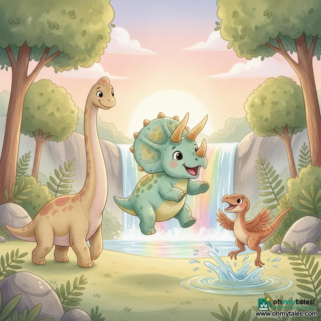 A joyful triceratops with three shiny horns and a spotted frill, mint-green skin with yellow hues, jumping with a big smile and sparkling round eyes; a friendly, gentle brachiosaurus with a long beige neck with pinkish tones walking slowly to the triceratops’s left and looking kindly; a playful small raptor with soft copper plumage leaping and splashing water to the triceratops’s right; a bright valley with tall ferns, rounded trees, smooth gray rocks and a glittering rainbow waterfall over clear, color-reflecting water at sunset; the three friends discovering and playing together in front of the waterfall, splashing and laughing in a soft, rounded composition with pastel, warm watercolor-like tones.