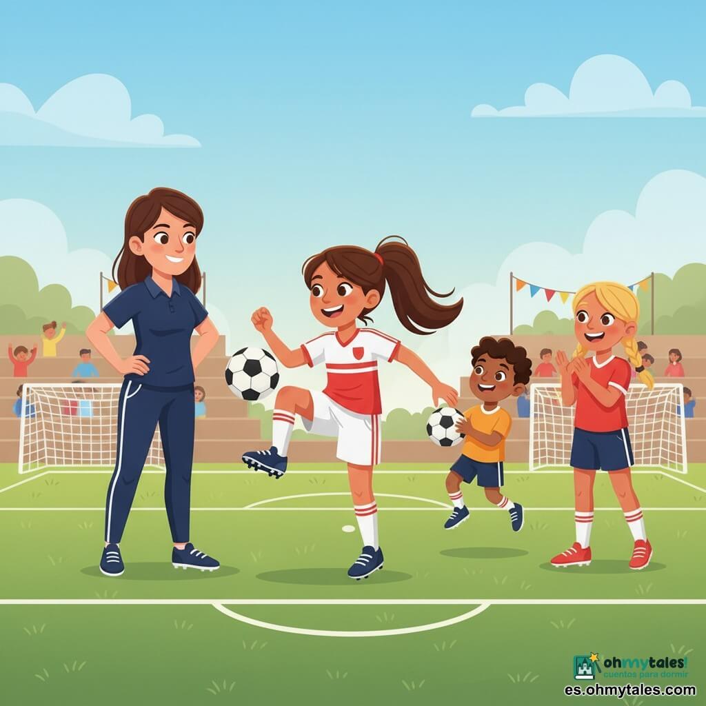 Valentina, niña de 11 años, está en el centro, feliz y decidida, con coleta castaña, uniforme de fútbol rojo y blanco y botas con tacos, haciendo malabares con el balón sobre la rodilla, postura dinámica y gran sonrisa; a la izquierda Ana Torres, entrenadora de 30–35 años, segura y cariñosa, con chándal azul oscuro, manos en las caderas, mirando a Valentina con orgullo junto al borde del campo; a la derecha Clara, niña de 11 años, entusiasta y admiradora, con trenzas rubias aplaudiendo, junto a Lucas, niño de ~7 años que salta de alegría con un balón; escenario: pequeño campo de club de día, césped verde vivo, líneas blancas, porterías con redes, gradas modestas y algunos espectadores estilizados, banderines coloridos y cielo azul con nubes; momento: encuentro inspirador, luz cálida, composición centrada, expresiones claras y colores saturados, estilo sencillo para libro infantil.