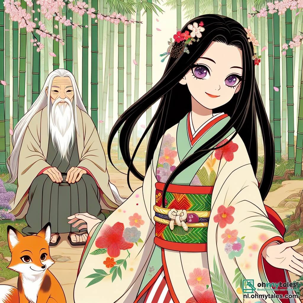 Yuki, een jonge vrouw van ongeveer 20 jaar met lange, glanzende zwarte haren, draagt een kleurrijke kimono versierd met bloesemmotieven. Ze heeft een nieuwsgierige blik en een warme glimlach terwijl ze in het midden van de illustratie staat met open armen, alsof ze de magie van het moment wil omarmen. Aan haar rechterkant zit een oude wijze met een lange witte baard en wijze ogen, gekleed in een eenvoudige beige linnen jurk, die haar vriendelijk observeert. Achter Yuki staat een kleine vos met levendige ogen en een rode vacht op zijn achterpoten, nieuwsgierig en ondeugend, alsof hij klaar is om mee te springen in haar avontuur. De plek is een betoverende open plek, omringd door hoge bamboes die zachtjes in de wind dansen, met bloesems die als roze sneeuwvlokken vallen, en een zachte zonnestraal die de scène verlicht. Yuki, vol enthousiasme, stelt een vraag aan de wijze, terwijl de vos naast haar ongeduldig lijkt te wachten op het antwoord, wat een sfeer van ontdekking en magie creëert.