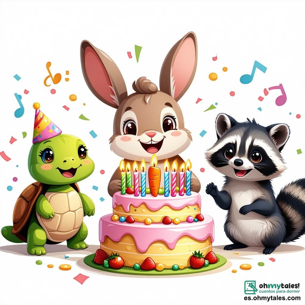 Un alegre conejito llamado Lolo, con un suave pelaje marrón, grandes orejas erguidas y ojos brillantes de felicidad, está en el centro de la escena, sonriendo entusiasmado mientras sostiene un gran pastel de zanahoria decorado con velas de colores. A su derecha, la tortuga Tula, con un caparazón verde y ojos traviesos, aplaude con alegría, mientras que a su izquierda, el mapache Miki, un pequeño roedor de pelaje gris y grandes orejas, salta de felicidad levantando los brazos. La escena tiene lugar en una sala de fiesta luminosa, decorada con globos multicolores flotando en el techo y guirnaldas brillantes en las paredes, con una gran mesa adornada con confeti y pequeños regalos. Lolo celebra su cumpleaños rodeado de sus amigos, listos para cantar "Feliz Cumpleaños" y disfrutar del delicioso pastel, creando un ambiente festivo lleno de risas y alegría.