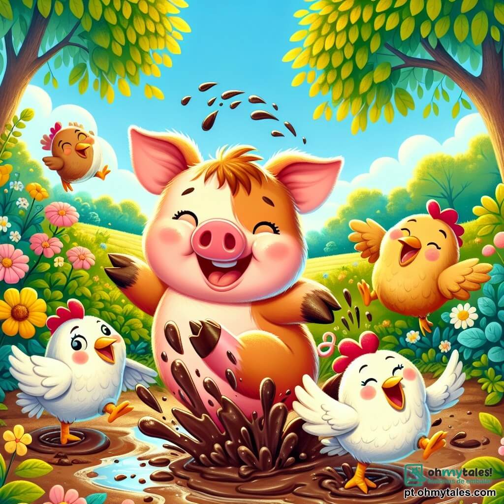 Um porquinho feliz chamado Pipo, com pelagem rosa e bochechas redondas, está no centro da cena, sorrindo amplamente e pulando em uma poça de lama, espirrando terra ao seu redor. À sua direita, um grupo de três galinhas com penas douradas e brancas, com olhos curiosos, riem e se agitam tentando não se sujar. Ao fundo, uma floresta verdejante com árvores de folhas brilhantes e flores coloridas, banhada pela luz do sol, cria uma atmosfera alegre e divertida. A cena representa o momento em que Pipo, em plena corrida, acaba de escorregar e cair na lama, enquanto seus amigos animais se divertem e riem ao seu redor, criando uma atmosfera de camaradagem e prazer.