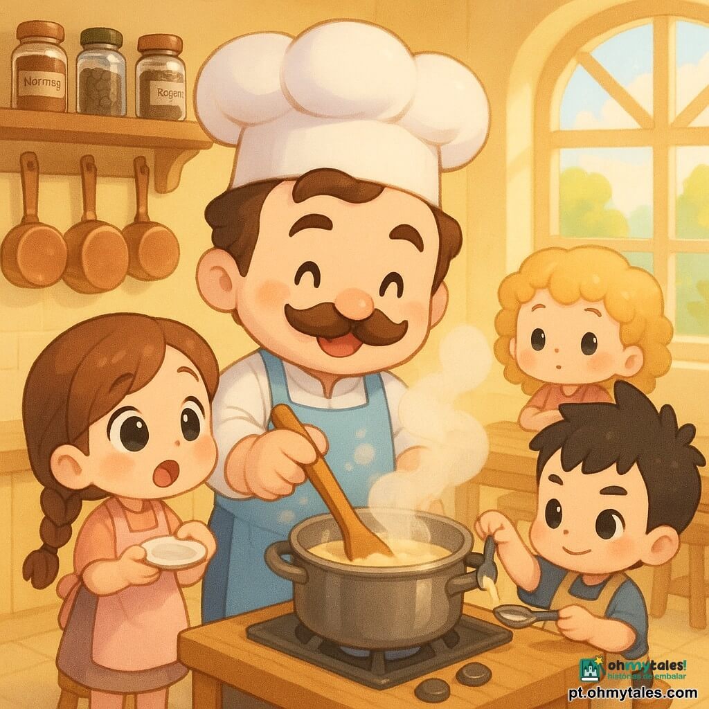 Um homem, Chef Miguel, sorridente e afável, rosto redondo, bigode fino, cabelos castanhos curtos, com grande chapéu branco e avental azul-claro com manchas de farinha, segura uma colher de pau e mexe uma panela brilhante de onde sai vapor cremoso; à esquerda está Sofia, cerca de 8 anos, trança castanha, olhos grandes e maravilhados, com um pequeno prato e avental rosa-pálido; Clara, cerca de 7 anos, cabelos loiros encaracolados, curiosa e tranquila, sentada numa mesa de madeira atrás do chef, observa a salsa com as mãos cruzadas; à direita está Lucas, cerca de 8 anos, cabelo preto curto, concentrado e orgulhoso, segura uma colherinha e ajuda a mexer sob a orientação do chef; a cozinha-escola é clara e colorida, paredes amarelo suave, grandes janelas, prateleiras de madeira com potes de especiarias e panelas de cobre brilhantes; a cena mostra o chef e as crianças em torno de uma grande bancada de madeira, vapor cremoso, gotas de molho brilhantes, gestos colaborativos e atmosfera acolhedora e alegre.