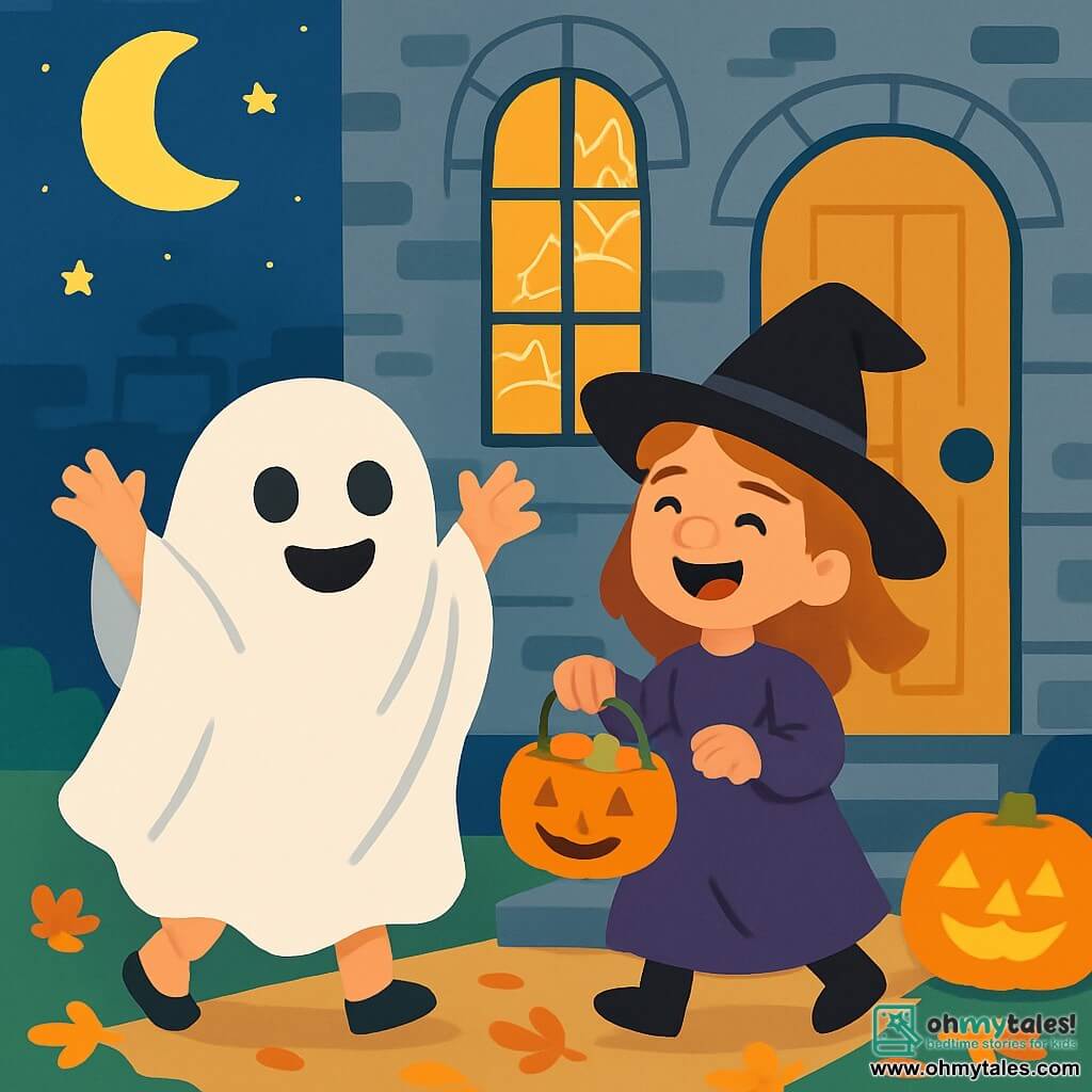 There are 2 main characters: - Lucy: an 8-year-old girl wearing a white sheet as a ghost costume, with round eyes and a big smile. She stands on the left, arms raised in excitement. - Mia: an 8-year-old girl dressed as a witch with a large black hat and a purple dress. She is to the right of Lucy, holding a small basket filled with candy and laughing joyfully. The setting is in front of a large old house with gray brick walls and windows adorned with cobwebs. Glowing pumpkins are placed on the porch, and brightly colored autumn leaves cover the ground. The moon shines in the starry sky, adding a magical atmosphere to the scene. The main situation shows Lucy and Mia, excited and smiling, knocking on the door of the house, ready to shout "Trick or treat!" to collect candy.