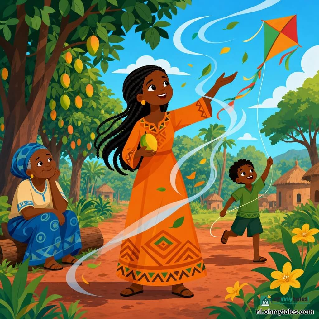 Amina, een vriendelijke glimlachende vrouw met warme bruine huid en zwarte gevlochten haren, draagt een lange oranje jurk met geometrische patronen, houdt een mango in één hand en strekt de andere naar de wind; een ongeveer zesjarige jongen, speels en verwonderd, met bruine huid en groene shirt laat achter haar rechts een kleurrijke vlieger los die omhoog gaat; links zit een ongeveer 60-jarige vriendelijke oude vrouw met een blauw wikkelrokje op een boomstam en kijkt liefdevol naar Amina; de wind is zichtbaar als doorschijnende witte en blauwe linten met meegevoerde blaadjes en bloemblaadjes; locatie: weelderig Afrikaans bospad met roodachtige aarde, grote bruine boomstammen, diepgroen loof, gele bloemen, mangobomen met vruchten en enkele hutten in de verte; scène: Amina spreekt zacht tegen de wind, linten draaien vrolijk om haar heen, de jongen laat de vlieger stijgen, de oude vrouw glimlacht — centrale compositie, warme kalme sfeer en levendige, contrasterende kleuren.