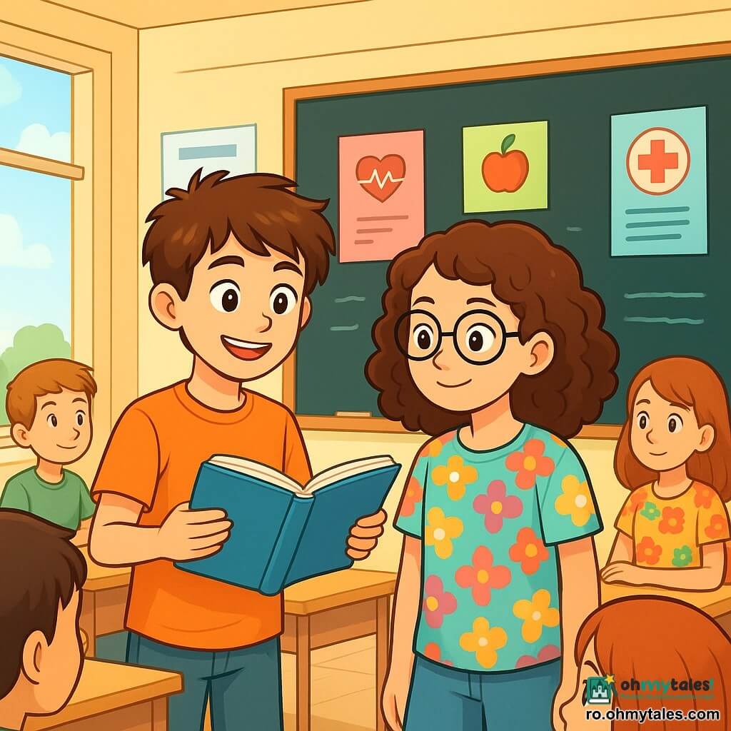 Un băiat de 12 ani, Andrei, cu părul castaniu și ochi strălucitori de curiozitate, stă în picioare într-o clasă luminoasă. Are un zâmbet cald și o expresie hotărâtă, ținând o carte deschisă în fața lui. Lângă el, o fată de 12 ani, Daria, cu părul creț și ochelari, se uită atent la carte, fața ei exprimând interes și concentrare. Poartă un tricou colorat cu modele de flori. Clasa este decorată cu postere educaționale despre sănătate, iar feroneriile lasă să intre lumina soarelui, iluminând birourile din lemn deschis. În fundal, o tablă neagră este plină de note colorate despre sănătate și bunăstare. Situația principală arată cum Andrei și Daria discută entuziast despre un proiect pe tema sănătății, înconjurați de colegi care ascultă cu atenție. Atmosfera este veselă și colaborativă, plină de energie pozitivă și camaraderie.