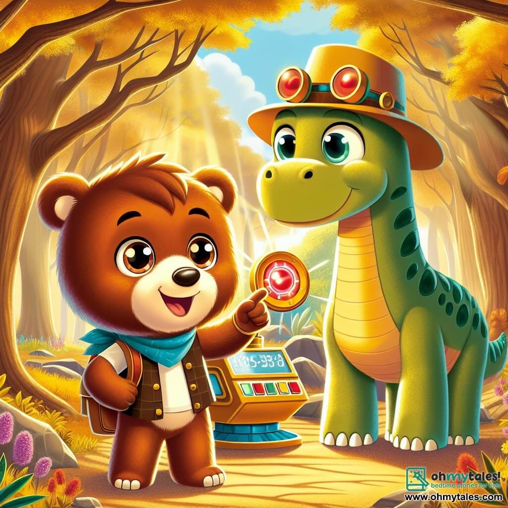 Benny, a cheerful brown bear with shiny fur and sparkling eyes, stands in front of a time machine, his face glowing with excitement and curiosity. He holds a red button in the air, ready for action, with a big smile on his face. Next to him, a friendly Brachiosaurus, with a long neck and green scales, looks at Benny with a warm gaze, its big eyes shining with kindness. The setting is an enchanted forest filled with majestic trees with golden leaves and colorful flowers dancing in the wind. Sunlight filters through the branches, creating a magical and warm atmosphere. In this scene, Benny is about to press the button on the machine, ready to begin his time travel, while the Brachiosaurus encourages him with a smile, illustrating the excitement and friendship that binds them.