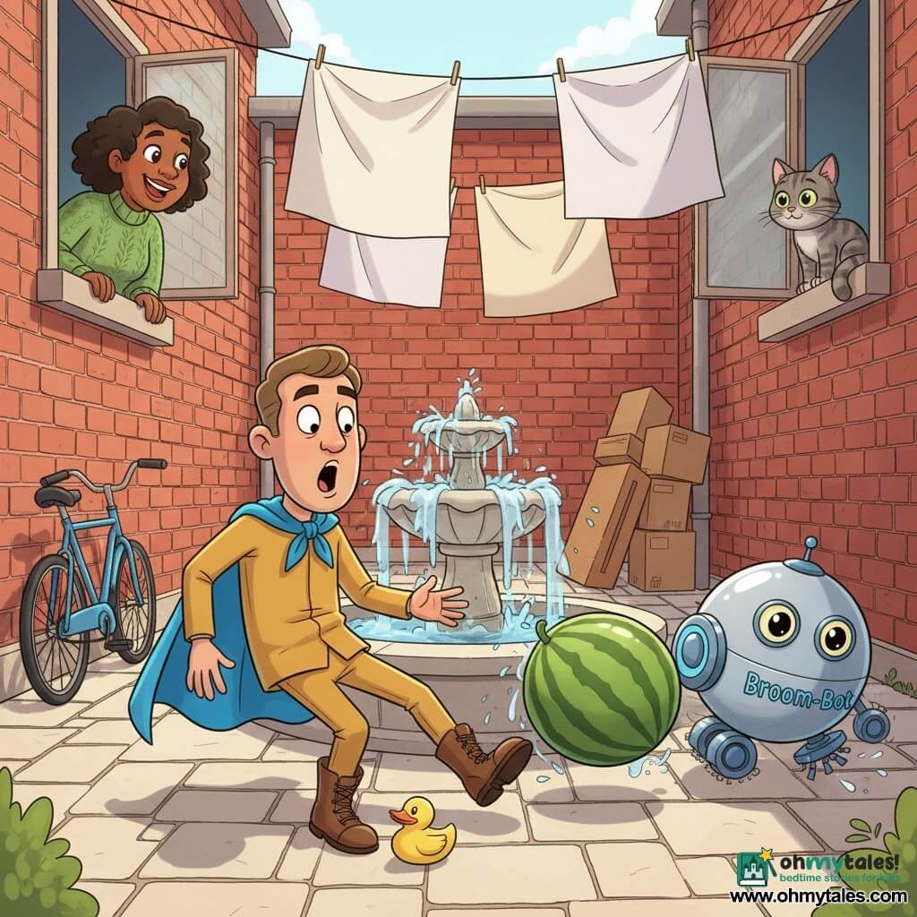An adult man, Captain Quibble, looks surprised and determined with raised eyebrows and open mouth as he slips on a small yellow rubber duck near a stone fountain; he wears an electric-blue cape, a mustard suit, brown boots with untied laces. A shiny round cleaning robot (Broom-Bot) with chrome surfaces and small brushes rolls behind a green watermelon that’s rolling toward the fountain. An adult neighbor woman with curly hair watches from an open upstairs window, hands on the sill and smiling in a green sweater (left background). A gray cat with a curled tail watches from a right-side windowsill. The setting is a small courtyard paved with light slabs, red brick walls, a central splashing fountain, white laundry on a line, a blue bicycle against a wall, and a leaning stack of boxes. Main scene: comic chaos—watermelon heading for the fountain, hero slipping on the duck, robot chasing the melon, sparkling water droplets, sunny bright colors and a warm playful atmosphere.