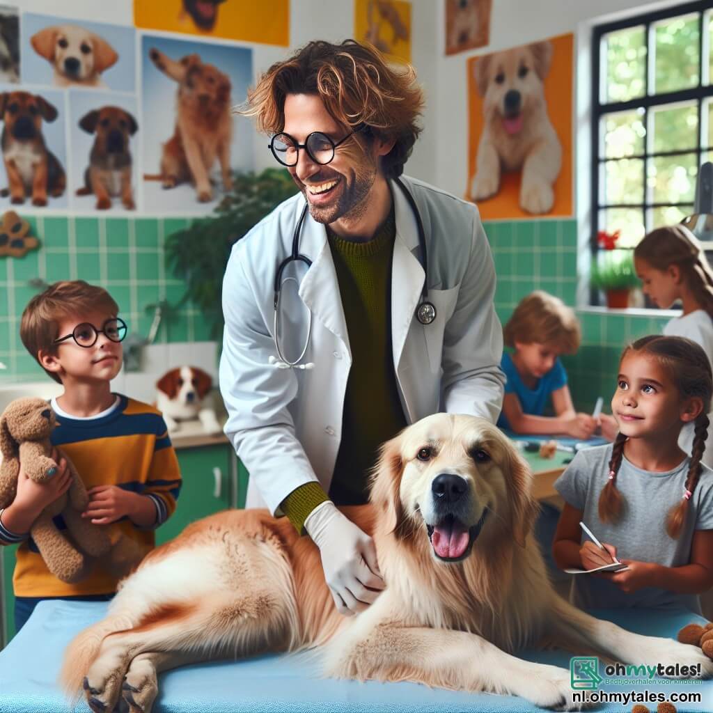 Een mannelijke dierenarts, Daan, met een vriendelijke glimlach, draagt een onberispelijk wit schort. Hij heeft rommelig bruin haar en ronde brillen die hem een vriendelijke uitstraling geven. Hij leunt over een grote hond, Max, een golden retriever met zachte ogen, die op een onderzoekstafel ligt, er een beetje bezorgd uitziet maar gerustgesteld is door Daan's aanwezigheid. Naast hem kijkt een groep van vier kinderen, twee jongens en twee meisjes, van ongeveer 8 tot 10 jaar, nieuwsgierig toe. De eerste jongen, met blond haar en een rode pet, houdt een hondenspeelgoed vast. Het tweede meisje, met bruin gevlochten haar, draagt een blauwe t-shirt en glimlacht, gefascineerd door de scène. Het derde kind, een jongen met een bril, maakt aantekeningen in een klein notitieboekje, terwijl het laatste meisje, met twee staartjes, aandachtig observeert. De scène speelt zich af in een lichte en kleurrijke dierenkliniek, met posters van verschillende dieren aan de muren en speelgoed verspreid over de vloer. Groene planten voegen een frisse toets toe aan de omgeving. Daan bereidt Max voor op een operatie, terwijl hij de kinderen uitlegt wat hij gaat doen en hen de tools laat zien die hij gebruikt. De sfeer is zowel serieus als geruststellend, vol nieuwsgierigheid en opwinding.