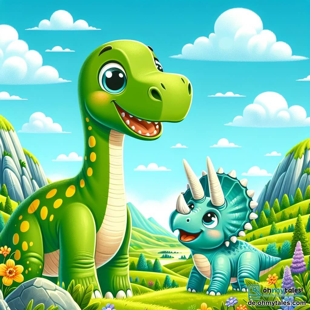 Ein großer Diplodocus namens Dippy, mit grüner Haut und gelben Flecken, steht fröhlich inmitten eines schönen, grünen Tals. Seine großen, glänzenden Augen drücken Freude und Aufregung aus, während er sein neues Zuhause entdeckt. Neben ihm schaut ein kleiner Triceratops mit blauer Haut und weißen Hörnern, der freundlich lächelt, bewundernd zu Dippy. Sie sind umgeben von bunten Blumen und funkelnden Steinen unter einem hellblauen Himmel mit flauschigen Wolken. Die Szene strahlt eine Atmosphäre von Glück und Freundschaft aus, während Dippy und sein Freund ihre neue Umgebung erkunden, bereit zu spielen und Spaß zu haben.