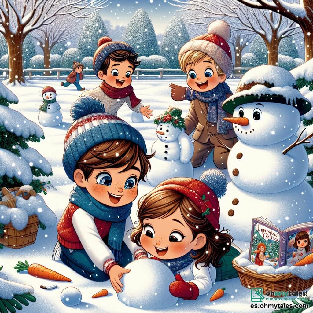 Cuatro amigos están reunidos en un jardín nevado. Tomás, un niño de siete años con cabello castaño y ojos brillantes, lleva una bufanda azul y un gorro rojo. Está moldeando una bola de nieve. A su lado, Lucas, un niño de cabello rubio y mejillas sonrojadas, ríe mientras lanza una bola de nieve a sus amigos. Ana, una niña de cabello largo castaño y gafas redondas, está agachada, concentrada en construir un muñeco de nieve con una zanahoria para la nariz. Finalmente, Mateo, un niño de cabello negro y ojos vivos, se mantiene un poco alejado, sosteniendo un libro de cuentos de invierno, listo para compartir una historia. El jardín es un paisaje mágico, cubierto de una espesa capa de nieve que brilla bajo el sol invernal. Los árboles con ramas cargadas de nieve rodean a los niños, y un gran muñeco de nieve, decorado con una bufanda roja y un sombrero de copa, se erige orgullosamente en el centro. Los niños se divierten juntos creando un muñeco de nieve mientras comparten historias sobre las leyendas del invierno, llenando el aire de risas y magia.