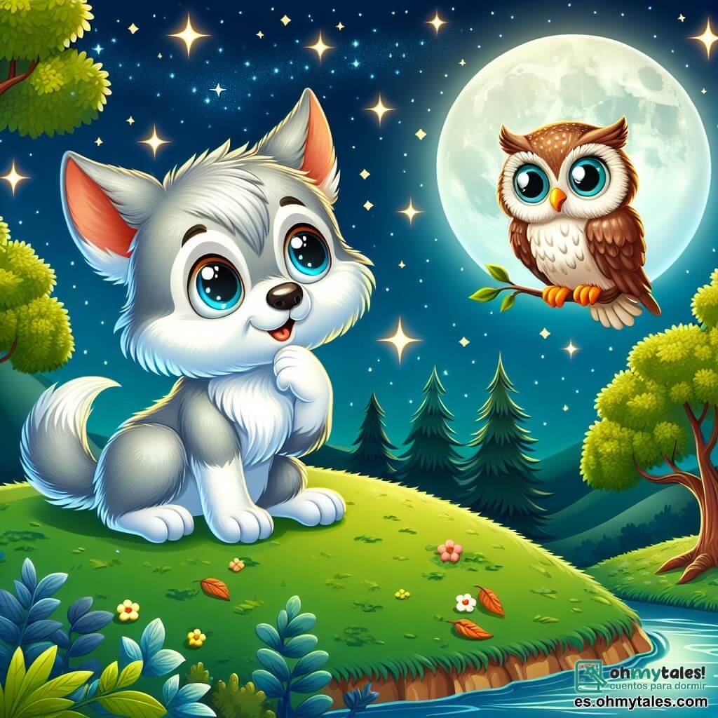 Un pequeño lobo de pelaje suave y plateado, con grandes ojos brillantes de curiosidad, está de pie en una colina verde, mirando la luna brillante en el cielo estrellado. Tiene una expresión maravillada y soñadora en su rostro. A su lado, un búho sabio, con plumas marrones y doradas, está posado en una rama, con una mirada atenta y una leve sonrisa, como si estuviera listo para compartir secretos. El paisaje está lleno de árboles con hojas que brillan bajo la luz de la luna, y un arroyo serpentea abajo, reflejando las estrellas. El pequeño lobo se pregunta qué es la verdadera felicidad, mientras la luna brilla intensamente sobre ellos, creando una atmósfera mágica y pacífica.