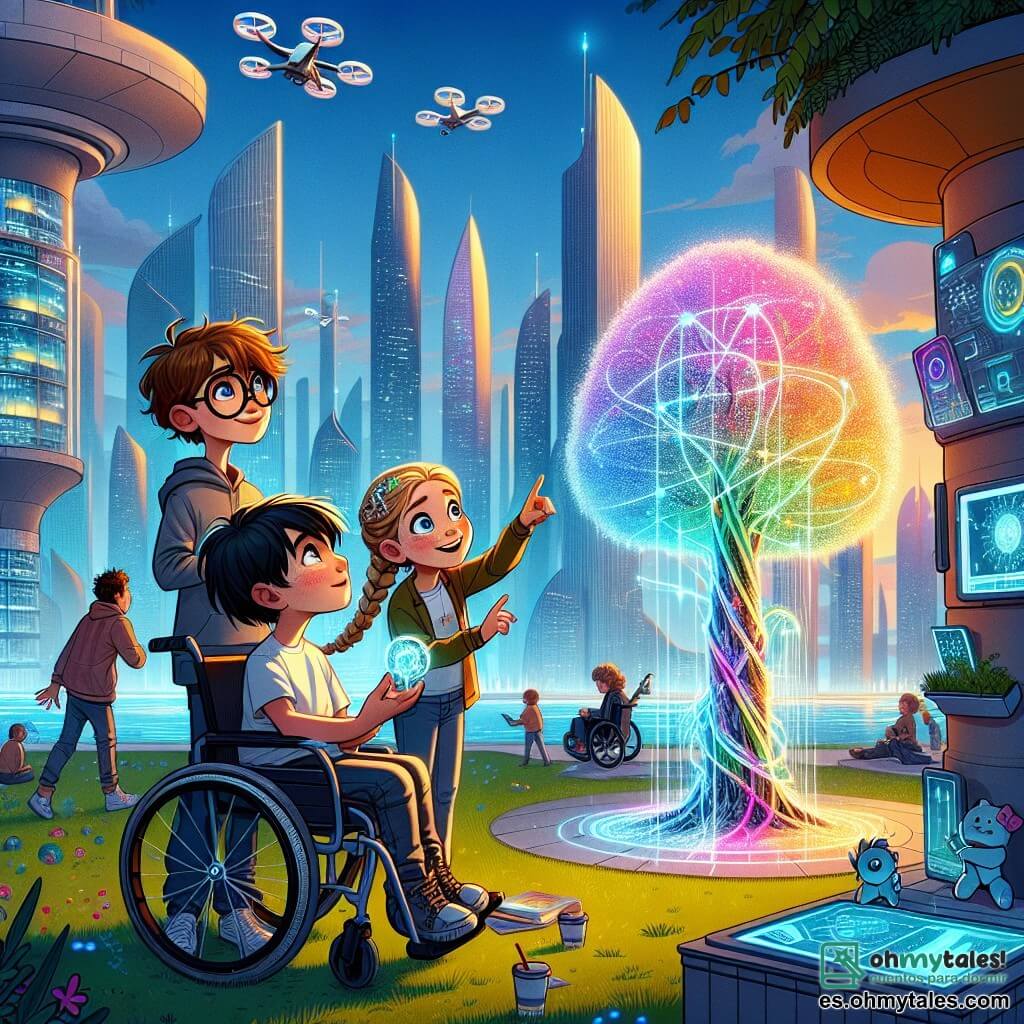 En una ciudad futurista, tres niños están juntos en el centro de un parque tecnológico. Lucas, un chico de 12 años con cabello castaño desordenado y gafas redondas, observa asombrado un árbol holográfico que brilla con mil colores. A su derecha, Ana, una chica de 12 años con trenzas rubias y ojos brillantes, señala una pantalla interactiva que muestra información sobre la calidad del aire. A la izquierda, Tomás, un chico de 12 años en silla de ruedas, con cabello negro y una sonrisa cálida, presenta un pequeño modelo de un dispositivo inspirado en el árbol, que brilla bajo el sol. El parque está lleno de vegetación exuberante y esculturas futuristas, con rascacielos de fondo que brillan a la luz del día. Drones vuelan por encima, entregando paquetes, mientras los niños juegan con robots interactivos. La escena principal muestra a los tres amigos colaborando en su proyecto, uniendo fuerzas para crear una aplicación que ayuda a purificar el aire de su ciudad. La emoción y la creatividad se reflejan en sus rostros mientras imaginan un futuro mejor juntos.