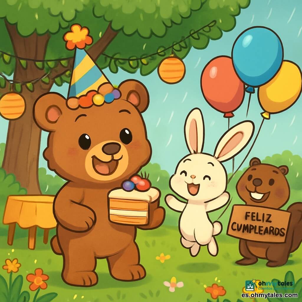 Un oso de peluche llamado Osvaldo, con un suave pelaje marrón y ojos brillantes de alegría, lleva un gran sombrero de fiesta colorido con pompones. Sonríe con entusiasmo, sosteniendo un trozo de pastel decorado con frutas brillantes en una pata. A su lado, una pequeña conejita llamada Lila, con grandes orejas y pelaje blanco, salta de alegría, sus ojos brillando de felicidad, sosteniendo globos coloridos que flotan sobre ella. Un castor llamado Nerón, con una cola ancha y dientes prominentes, sonríe sosteniendo un cartel de madera que dice "Feliz Cumpleaños", un poco retirado, cerca de una mesa decorada. El lugar es un prado verde, salpicado de flores silvestres brillantes, con un gran roble de follaje denso como fondo. Guirnaldas de hojas y farolitos de papel cuelgan de las ramas, creando una atmósfera festiva. La escena principal muestra a Osvaldo rodeado de sus amigos, todos listos para cantar "Feliz Cumpleaños", con risas y sonrisas radiantes, mientras una ligera lluvia comienza a caer, añadiendo un toque mágico a la fiesta.