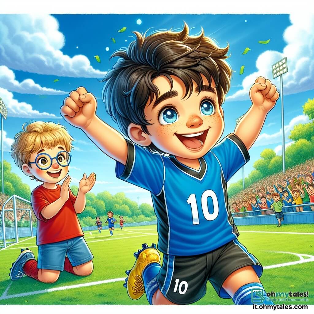 Un giovane ragazzo di nome Marco, di circa 10 anni, è al centro dell'immagine. Ha i capelli castani arruffati, un sorriso splendente e occhi scintillanti di eccitazione. Indossa una maglietta da calcio blu con il numero 10, pantaloni corti neri e scarpe da calcio gialle. Marco sta celebrando un gol, con le braccia alzate verso il cielo, traboccante di gioia e orgoglio. Accanto a lui c'è Luca, un altro ragazzo di 9 anni, con capelli biondi e occhiali rotondi. Sta applaudendo con entusiasmo, gli occhi brillanti di ammirazione per il suo amico. Luca indossa una maglietta rossa e pantaloni corti blu, e si tiene leggermente in disparte, ma il suo sorriso mostra che condivide la gioia di Marco. La scena si svolge su un campo da calcio verde, sotto un cielo blu brillante punteggiato di alcune nuvole bianche. Si possono vedere alberi sullo sfondo e spettatori felici ai lati, che applaudono e incoraggiano i giocatori. La situazione principale mostra Marco che celebra un gol che ha appena segnato, circondato dal suo amico Luca che lo incoraggia. È un momento di felicità e amicizia, che illustra la passione per il calcio e l'importanza dei legami tra amici.