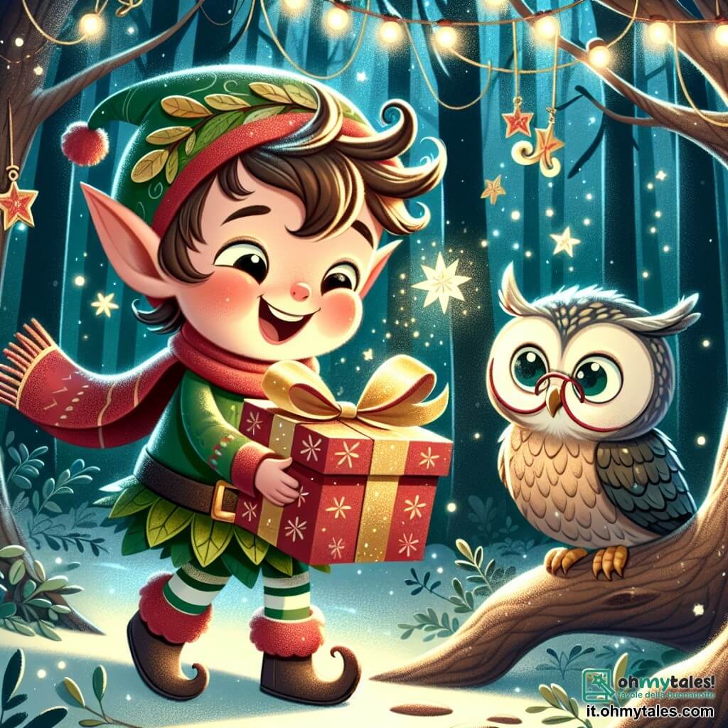 Un piccolo elfo con orecchie a punta, capelli ricci e una tunica verde decorata con foglie, sorride felice tenendo una scatola rossa decorata con un nastro dorato. I suoi occhi brillano di eccitazione mentre si prepara a offrire un regalo. Accanto a lui, un saggio gufo dalle piume grigie e dagli occhi rotondi, con occhiali, guarda con tenerezza. Sembra commosso e felice, seduto su un ramo, pronto a ricevere il regalo dell'elfo. La scena si svolge in una foresta incantata, illuminata da ghirlande di luci scintillanti appese agli alberi, con una soffice neve che copre il suolo e stelle brillanti nel cielo notturno. L'elfo si prepara a offrire il suo regalo di Natale al gufo, creando un momento magico pieno di gioia e amicizia.