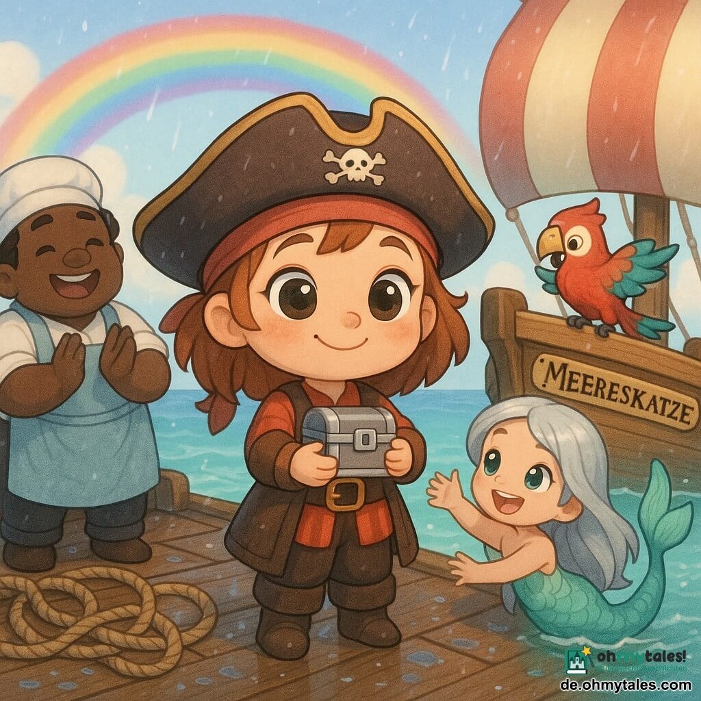 Ronja, eine rundgesichtige Piratin mit großen glänzenden Augen und selbstbewusstem Lächeln, steht freudig erleichtert auf dem nassen, dunklen Holzdeck des kleinen farbigen Schiffes Meereskatze und hält ein silbernes Kästchen an die Brust; neben dem Boot schwimmt die junge Meerjungfrau Mira mit schimmernder türkisfarbener Schwanzflosse und reicht lachend die Hand, links applaudiert der rundliche Matrose Paul mit Kochschürze, Messer aus Plastik und Holzlöffel sichtbar, rechts tanzt der bunte Papagei Otto auf der Reling und blickt auf das Kästchen, im Hintergrund ruhiger Meereshorizont mit gestreifter Segelplane und hellem Regenbogen; übergeben wird eine silberne Schatulle mit einer kleinen leuchtenden Muschel, Stimmung sanft nach dem Sturm, Pastellfarben, freundliche Mienen und funkelnde Resttropfen.