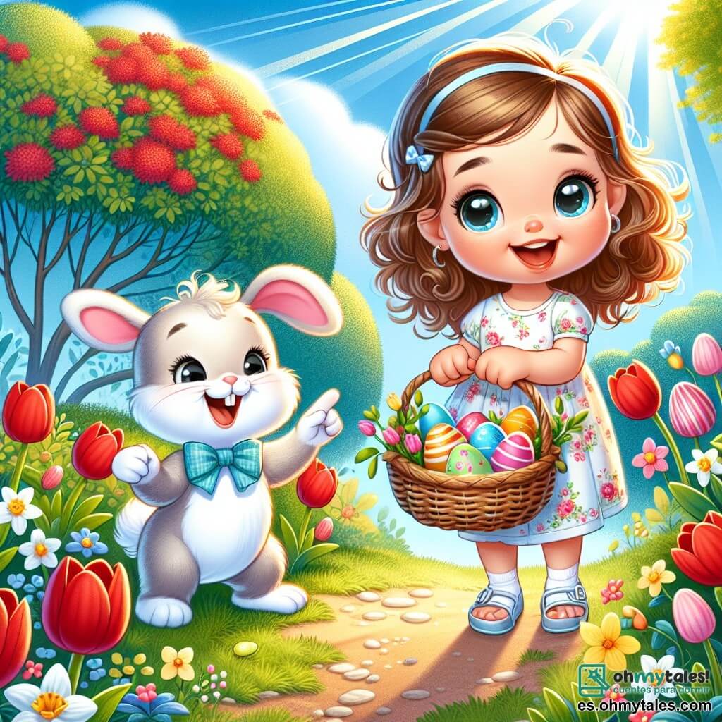 Una niña de 2 años, Lía, con grandes ojos brillantes y cabello rizado castaño, sonríe alegremente mientras sostiene una cesta de mimbre llena de huevos coloridos. Lleva un vestido ligero de flores y sandalias. A su lado, un adorable conejito blanco, el conejo de Pascua, con grandes orejas y un pajarita azul, la anima señalando una planta donde se esconde un huevo. El jardín está en flor, con tulipanes rojos, narcisos amarillos y árboles verdes bajo un cielo azul claro. Los rayos del sol iluminan la escena, creando un ambiente alegre y festivo. Lía y el conejo están en plena búsqueda de huevos de Pascua, buscando con entusiasmo bajo las flores y detrás de los árboles, llenos de emoción y curiosidad.