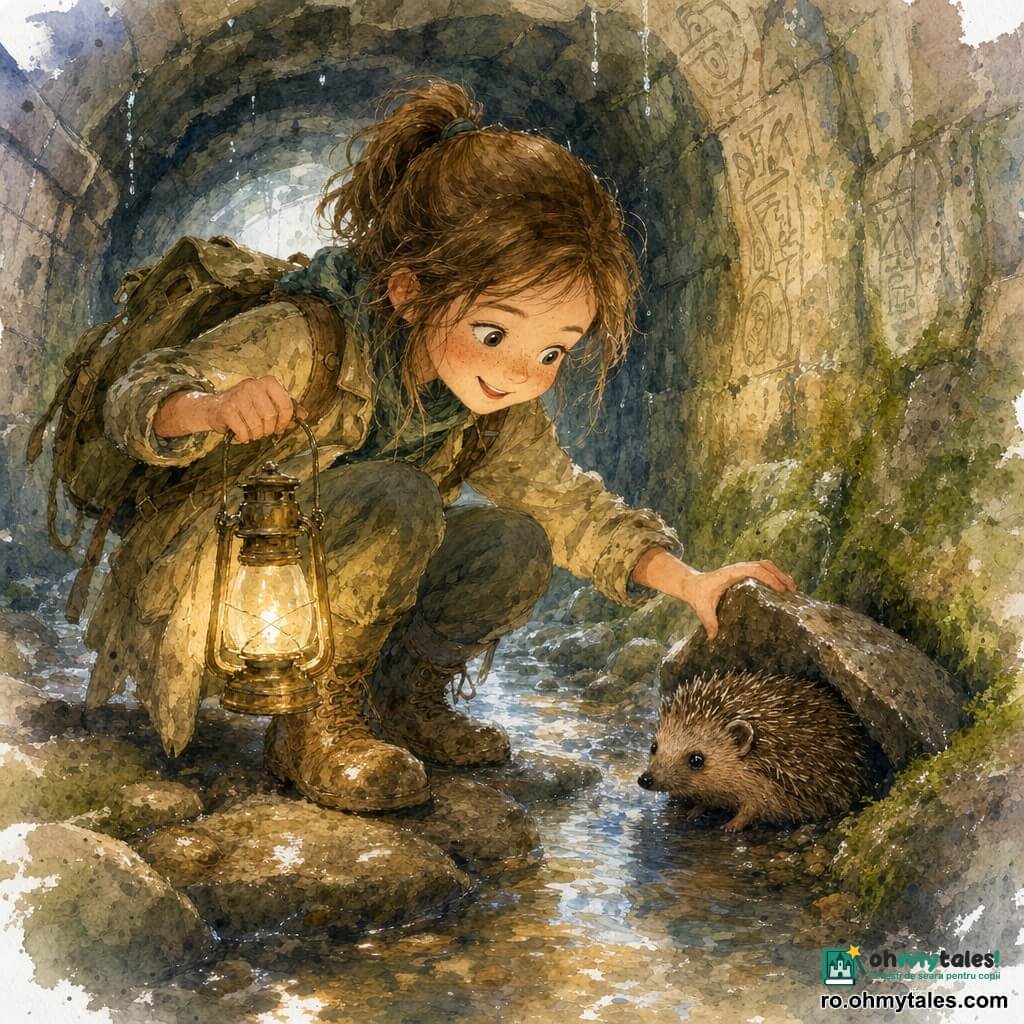 Protagonista este o tânără exploratoare cu fața rotundă și pistrui, păr castaniu prins în coadă, purtând o geacă kaki uzată, cizme murdare și un rucsac de pânză; blândă și concentrată, întinde mâinile delicate spre un arici mic cu țepi maronii umezi și ochi negri curioși, prins între două pietre ude, într-un tunel subteran de piatră acoperit de mușchi, cu pereți gravați, podea pietroasă lucind de umezeală, tavan care picură și un bazin de apă clară; ghemușită pe o piatră alunecoasă, ține o lampă cu ulei ce răspândește o lumină caldă și mută ușor piatra pentru a elibera ariciul, cu apa curgând și reflexii tremurate pe podea.