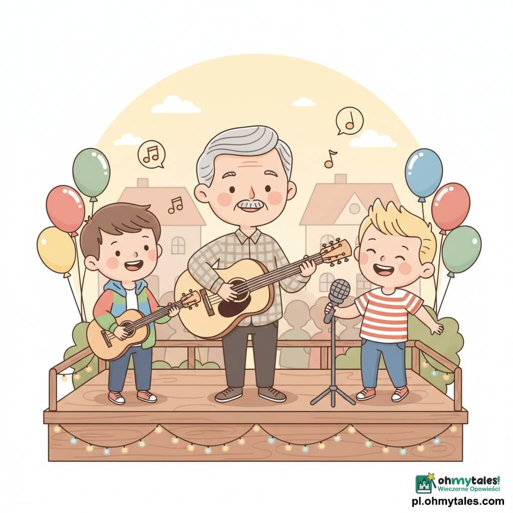 Uśmiechnięty życzliwy mężczyzna Pan Janek z siwymi włosami i cienkim wąsem, w koszuli w kratę z jasną drewnianą gitarą akustyczną, dumnie gra; po lewej chłopiec ok. 9 lat Kacper, krótkie kasztanowe włosy, kolorowa kurtka, trzyma małą dziecięcą gitarę i śpiewa; po prawej chłopiec ok. 8 lat Wojtek, blond włosy na jeża, w pasiastym T‑shircie, trzyma srebrny mikrofon i śmieje się; mała drewniana scena udekorowana girlandami, balonami i banerami, rozmyta publiczność w tle, ciepły zachód słońca nad wiejskimi domami, radosny występ tria przy miękkim oświetleniu, unoszące się ikony nut, świąteczna, wspólnotowa atmosfera.