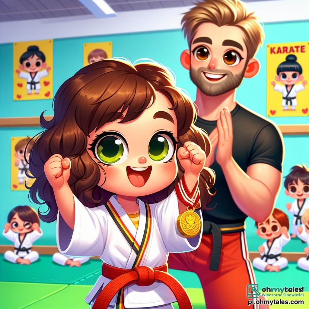 Czteroletnia dziewczynka Zuzia z dużymi, błyszczącymi oczami i kręconymi brązowymi włosami ma na sobie biały kimono i czerwoną pas karate. Z dumą uśmiecha się, unosząc ręce w górę, aby pokazać swój złoty medal, pełna ekscytacji i radości. Obok niej stoi 30-letni trener Paweł z krótkimi włosami i zadbaną brodą, ubrany w czarny T-shirt i spodnie sportowe. Oklaskuje Zuzie z szerokim uśmiechem, stojąc nieco z tyłu, aby podziwiać swoją uczennicę. W tle znajduje się jasna i kolorowa sala sportowa z zielonymi tatami na podłodze, plakatami karate na ścianach i dziećmi w kimono, które radośnie trenują. Scena przedstawia Zuzie świętującą zwycięstwo po udziale w turnieju karate, otoczoną kolegami z klasy, którzy ją wspierają, tworząc atmosferę przyjaźni i radości.