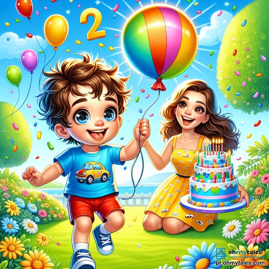 Um menino de 2 anos, chamado João, com cabelos castanhos bagunçados e um sorriso radiante, segura um balão colorido na mão. Ele veste uma camiseta azul com desenhos de carros e um short vermelho, pulando de alegria na grama verde, com os olhos brilhando de excitação. Ao lado dele, sua mãe, uma mulher sorridente de cerca de 30 anos, com cabelos longos e cacheados, usa um vestido amarelo ensolarado. Ela o incentiva com os braços abertos, cheia de ternura. Um pouco mais longe, seu pai, um homem de aproximadamente 35 anos, com barba curta e óculos, usa um chapéu divertido. Ele segura um grande bolo de aniversário decorado com velas coloridas, pronto para compartilhar com João. O cenário é um jardim iluminado, repleto de flores coloridas, árvores verdes e um céu azul claro com algumas nuvens brancas fofas. A cena principal mostra João, cercado pela família, celebrando seu aniversário com um grande sorriso, pronto para soprar as velas do bolo, enquanto seu balão sobe suavemente no céu.
