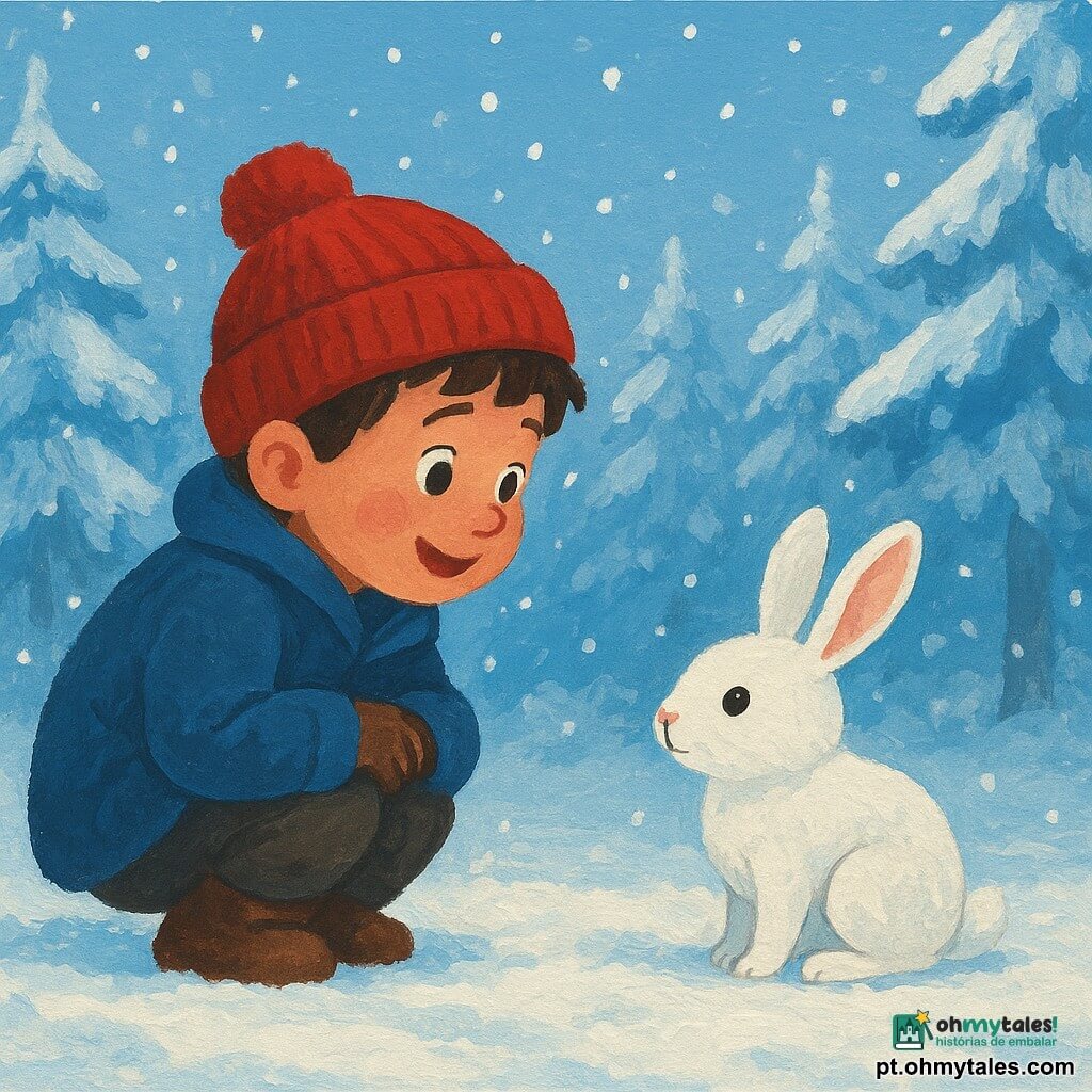 Um menino de 6 anos, chamado Tomás, com bochechas rosadas e um sorriso encantado, veste um casaco azul grosso e um gorro vermelho. Ele está agachado na neve, observando uma pequena lebre branca com curiosidade. A lebre, com olhos vivos e orelhas erguidas, está bem à sua frente, sobre um tapete de neve cintilante. Ao fundo, árvores majestosas cobertas de neve rodeiam a cena, com seus galhos pesados e congelados formando um cenário mágico. O céu é de um azul claro, salpicado de flocos de neve que caem suavemente, adicionando um toque mágico à atmosfera invernal.