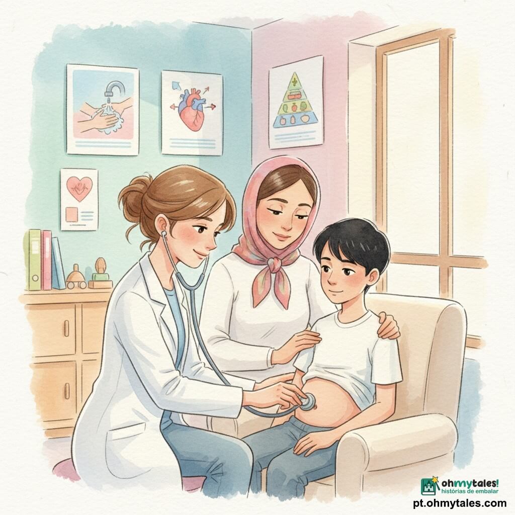 Médica mulher de rosto suave e sorridente, cabelos castanhos em coque e bata branca, aplica delicadamente um estetoscópio brilhante no ventre de Samir, menino de 12 anos, magro, cabelos pretos curtos e expressão tímida mas aliviada, sentado numa poltrona creme com a mãe Yasmin (35–40 anos, pele mediterrânea, lenço colorido) ao lado com a mão no ombro; consultório acolhedor em tons pastéis com cartazes educativos, estante de madeira com pastas e brinquedos e uma janela com luz dourada, atmosfera calma, confiante e cuidadosa, composição centrada no trio formando um triângulo harmonioso.