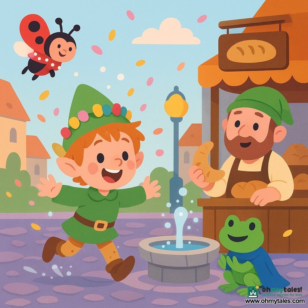 Pip, a small elfin boy with a light-green pointed hat and a crown of colorful candies, slides forward with tousled hair, a big smile, rosy cheeks and crumbs on his knees; Bramble, an adult elfin baker with a round face and light beard, stands right behind a bread stall holding a moon-shaped roll and watching amusedly; a tiny female ladybug, red with black spots and a white-polka-dot scarf, flies in from the left smiling; Sir Hopsalot, a small male frog in a blue cape, sits on the fountain edge clapping; the village square has purple-and-gray cobbles, a round stone fountain with bubbly water, a bread stall with a wooden sign, a purple pebble path and lemon-shaped lampposts; main action: Pip slips toward the stall after splashing from the fountain, his candy crown askew and a jellybean falling, villagers smile and confetti-like petals float in the air; style: bright, high-contrast colors, simple rounded shapes, very soft shadows, flat textures and playful details.