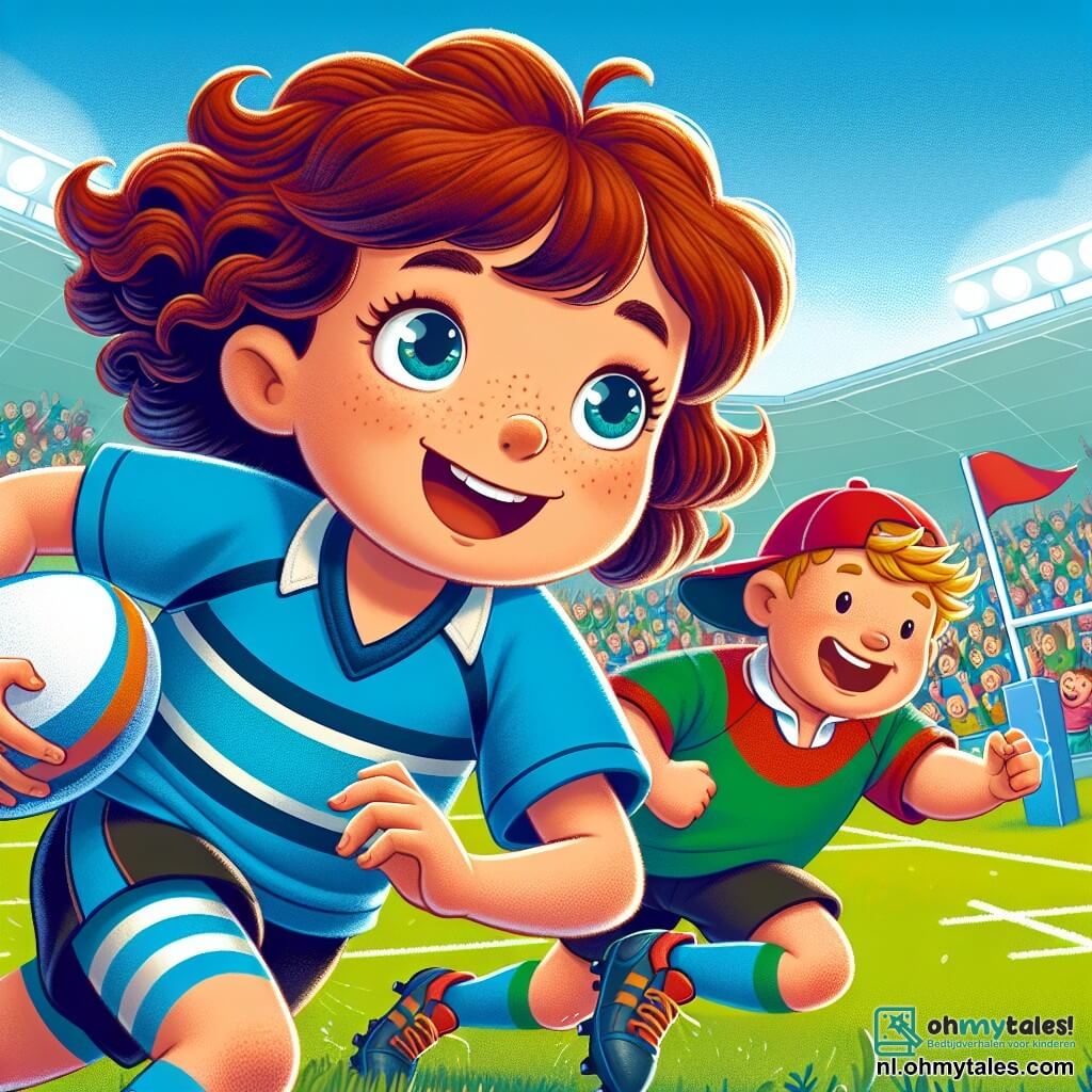 Een 10-jarig meisje, Lotte, met kastanjebruin krullend haar, draagt een felblauw rugbyshirt en een zwarte short. Ze heeft een grote glimlach op haar gezicht, haar ogen stralen van opwinding terwijl ze met een rugbybal in haar handen rent, klaar om een try te scoren. Naast haar moedigt haar beste vriend Max, een 10-jarig jongetje met blond haar en een rode pet, haar aan door zijn armen omhoog te steken, zijn gezicht straalt van vreugde. Op de achtergrond is het rugbyveld groen, omringd door enthousiaste toeschouwers en kleurrijke vlaggen die in de wind wapperen. De scène vangt het spannende moment waarop Lotte zich voorbereidt om een try te scoren tijdens een rugbywedstrijd, en legt de energie en teamgeest van het evenement vast.