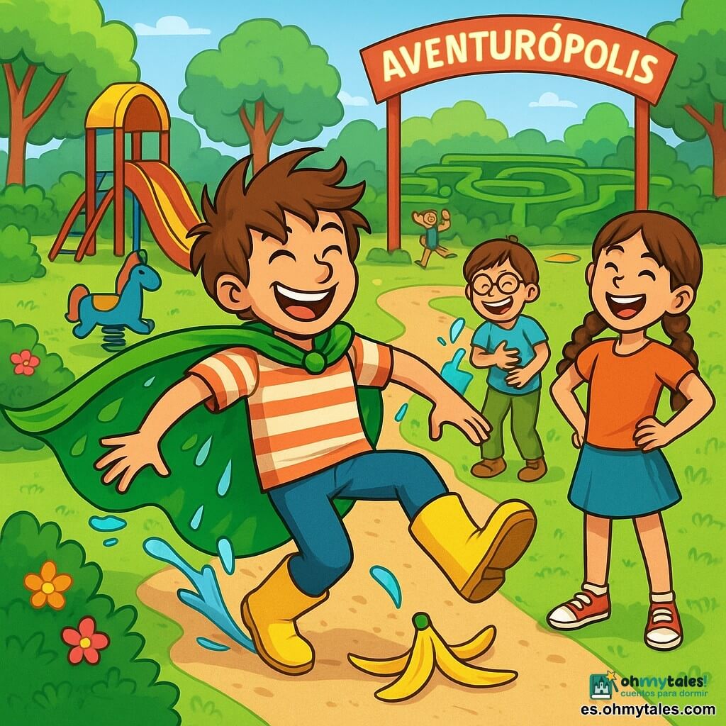 Bartolo, un hombre de cabello despeinado y capa verde brillante, está en el centro del parque, riendo a carcajadas con una gran sonrisa traviesa. Lleva botas de goma amarillas y una camiseta a rayas, mientras que una pequeña corriente de hojas y agua sale de su capa. A su lado, Lucía, una niña de 10 años con trenzas castañas, lo mira riendo, con las manos en las caderas, llena de energía y entusiasmo. Al fondo, Samuel, un niño de 9 años con gafas redondas, se sostiene el vientre, riendo a carcajadas, mientras intenta contener un globo de agua que acaba de estallar en su mano. El parque Aventurópolis es un lugar vibrante y colorido, lleno de juegos, toboganes gigantes y vegetación exuberante, con niños jugando por todas partes y risas resonando en el aire. A lo lejos, un laberinto de arbustos forma un camino sinuoso, mientras que flores multicolores bordean los senderos. La escena principal muestra a Bartolo deslizándose sobre una cáscara de plátano, a punto de caer, pero con una sonrisa traviesa, listo para convertir este accidente en una nueva aventura hilarante.